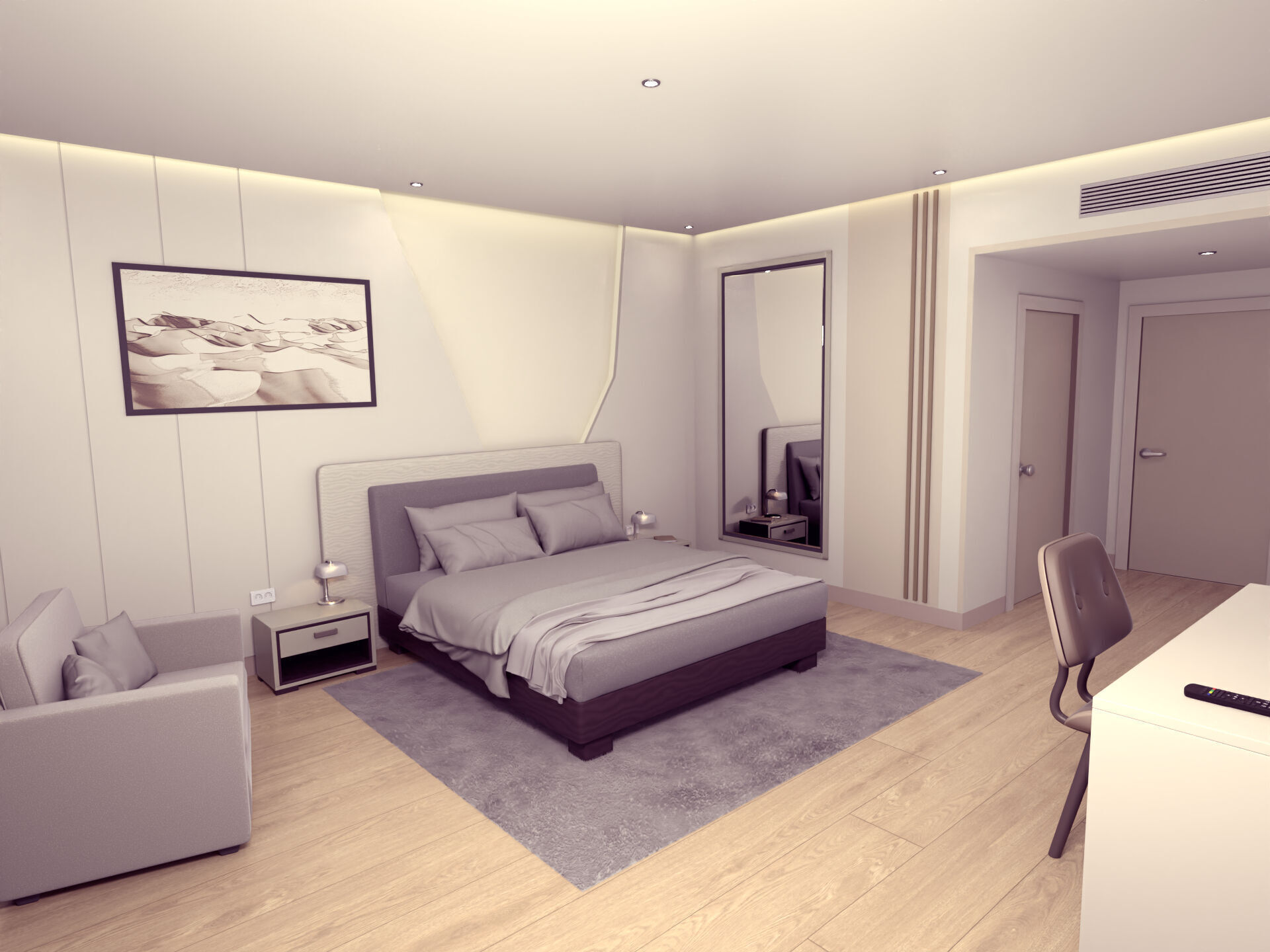 Hotel Room - Bedroom - Bed Room -- Arm Chair - Nightstand - TV 3D model_1