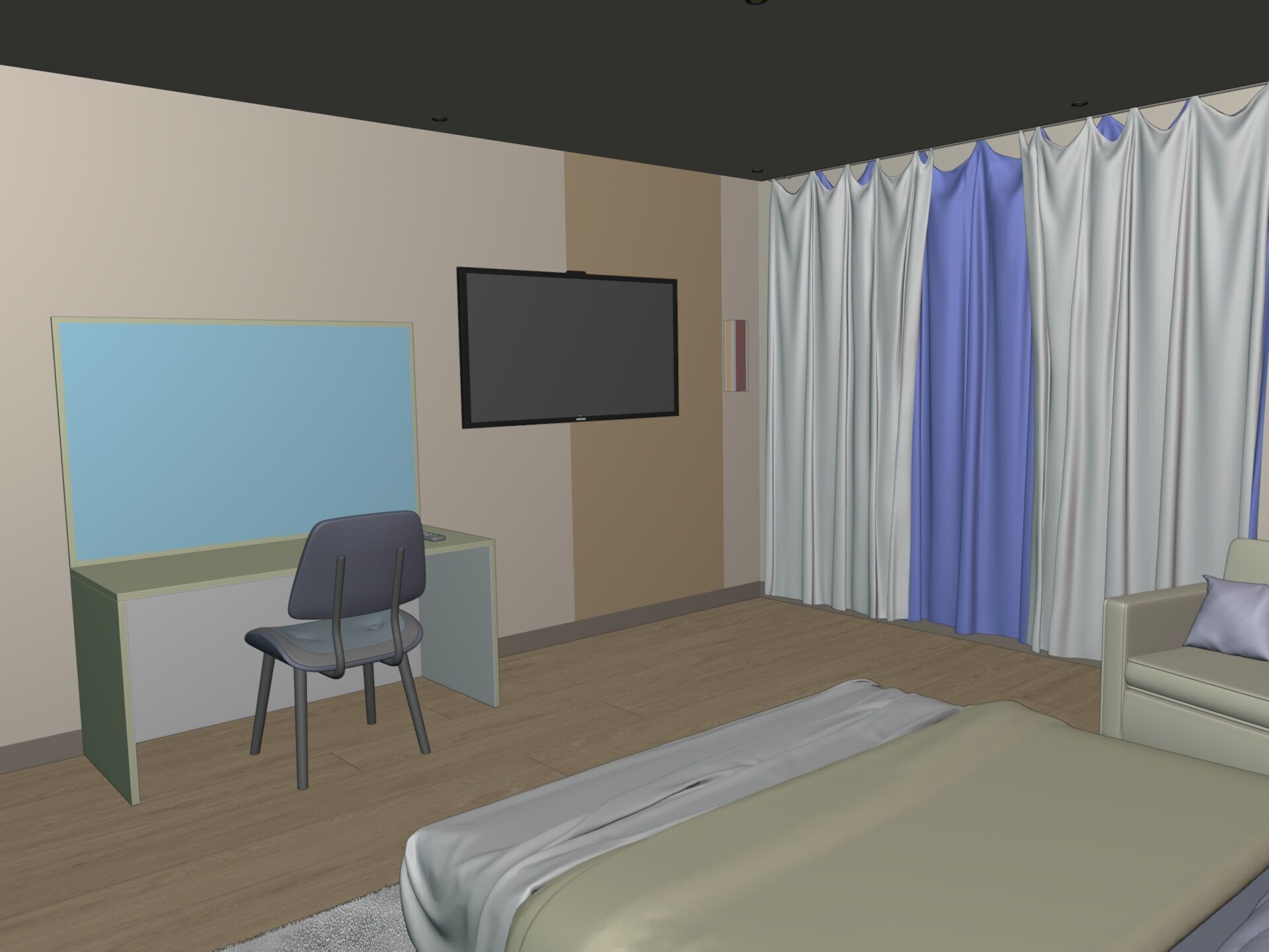 Hotel Room - Bedroom - Bed Room -- Arm Chair - Nightstand - TV 3D model_10