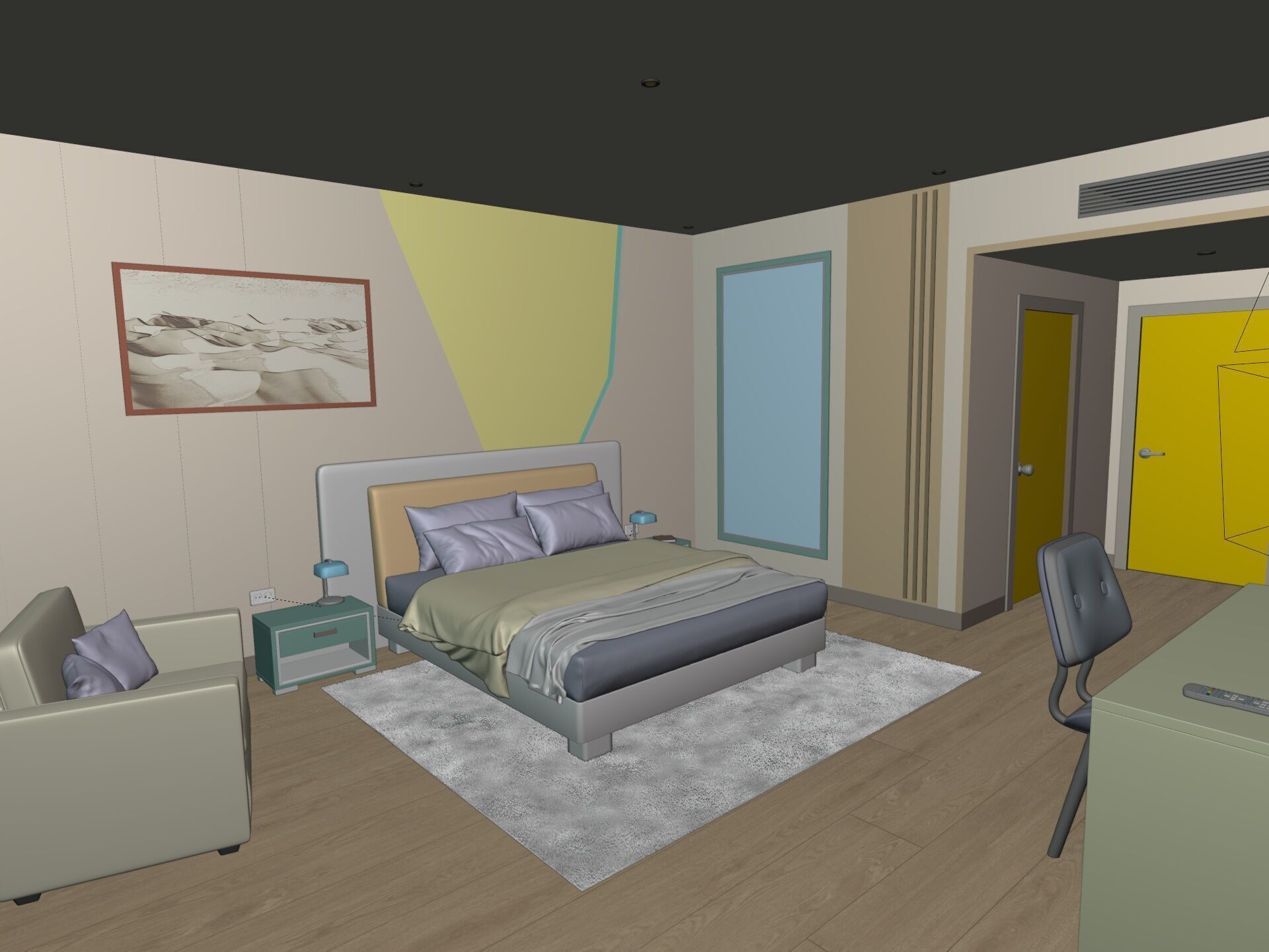 Hotel Room - Bedroom - Bed Room -- Arm Chair - Nightstand - TV 3D model_6