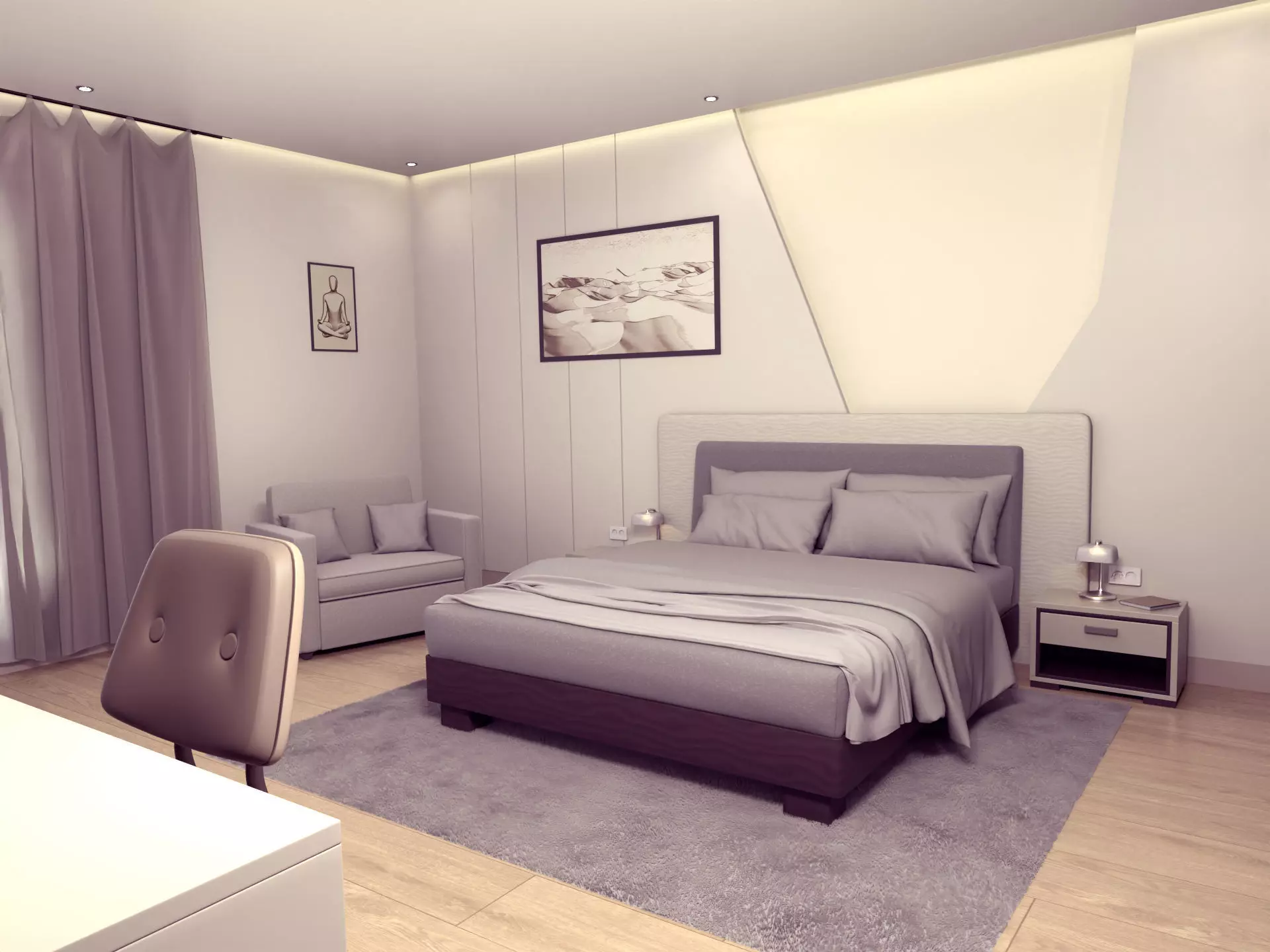 Hotel Room - Bedroom - Bed Room -- Arm Chair - Nightstand - TV 3D model_0