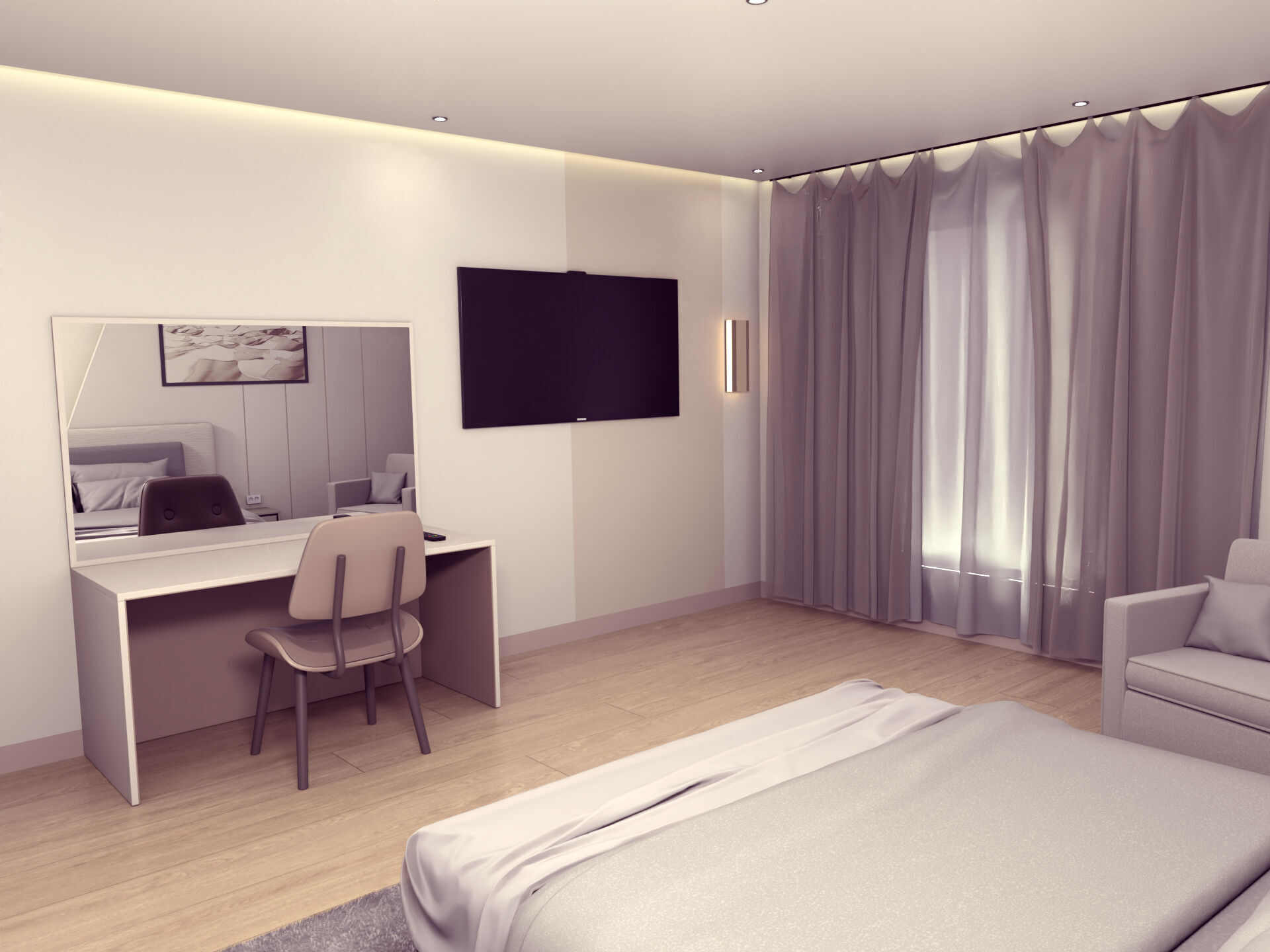 Hotel Room - Bedroom - Bed Room -- Arm Chair - Nightstand - TV 3D model_3