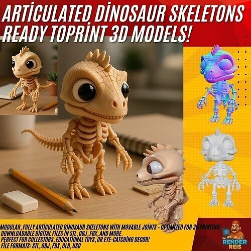 Mechanical Articulated Cute Baby Dinosaur Skeleton  3D print model