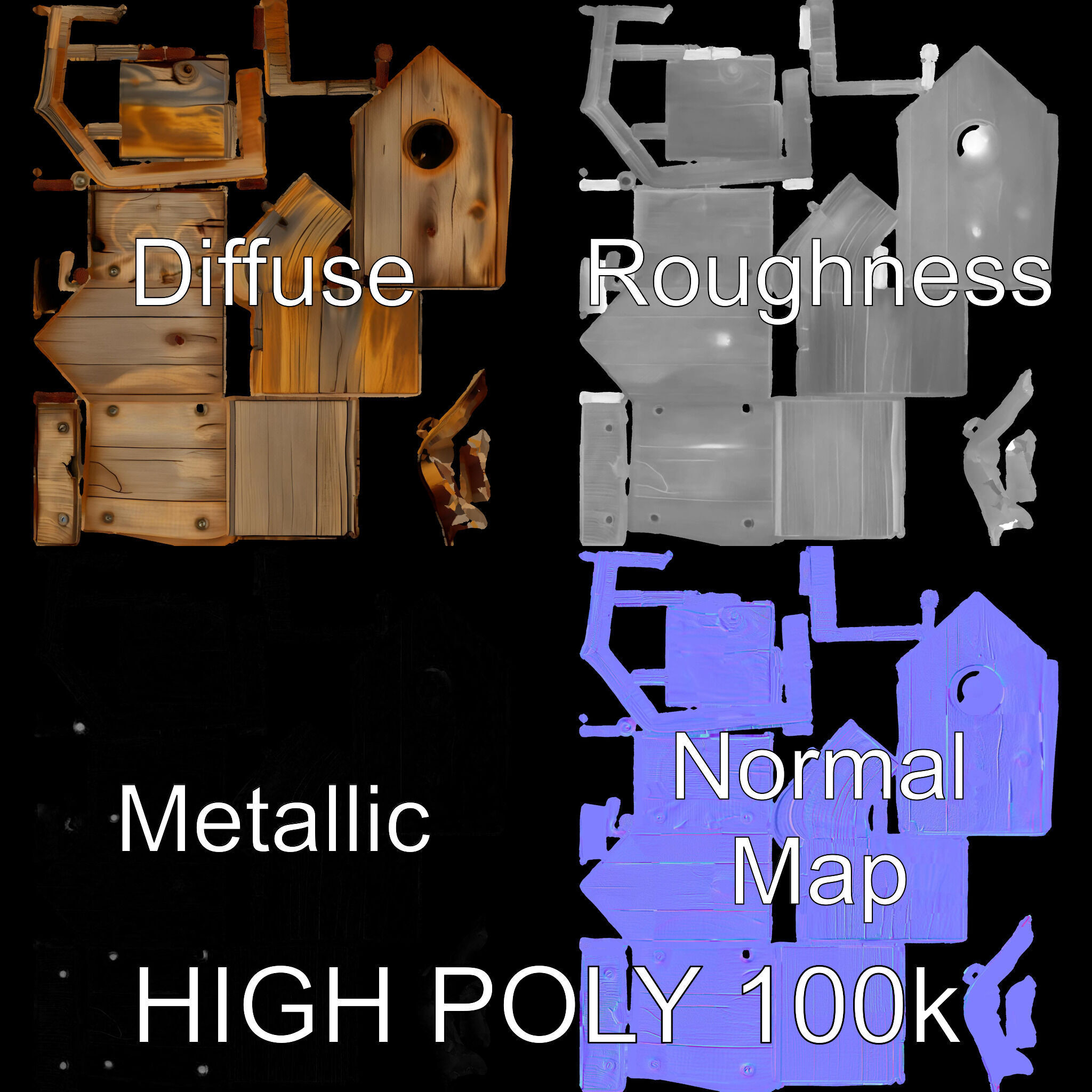 Rustic Wooden Birdhouse Model Pack Low-poly 3D model_4