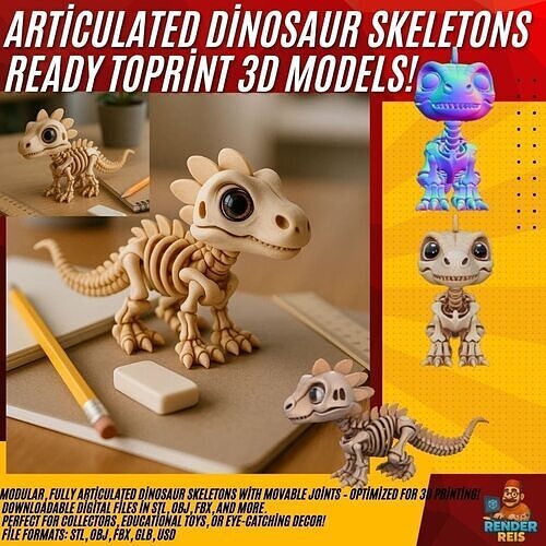 Mechanical Articulated Cute Baby Dinosaur Skeleton 3D print model