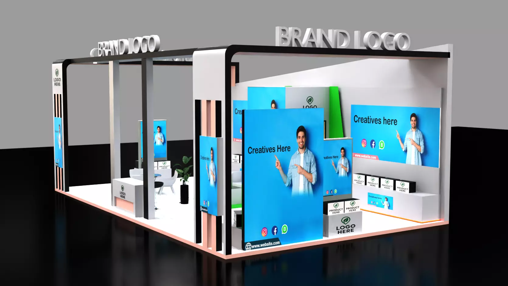 Interactive double-sided trade show booth with display walls 3D model_0