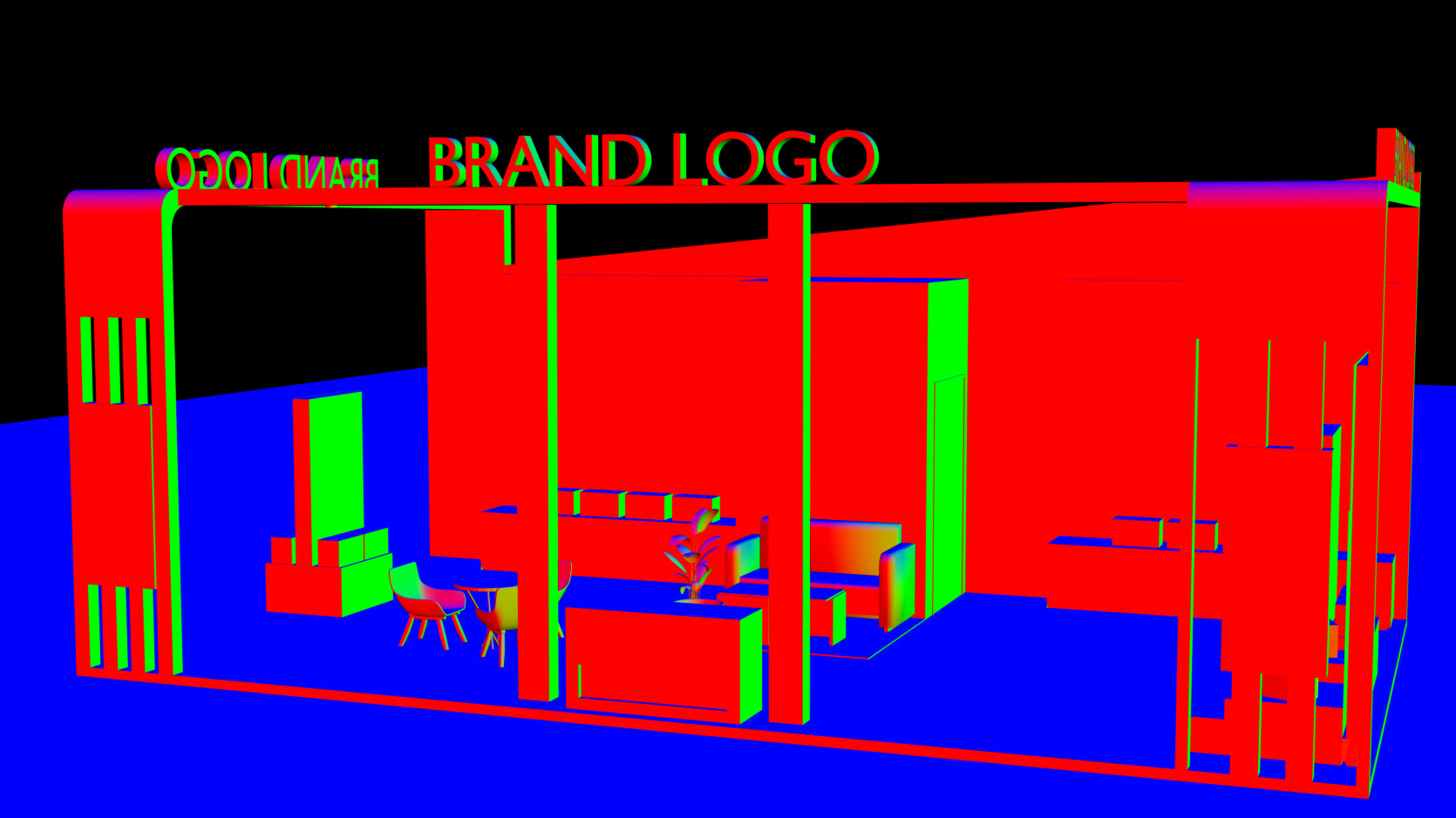 Interactive double-sided trade show booth with display walls 3D model_3