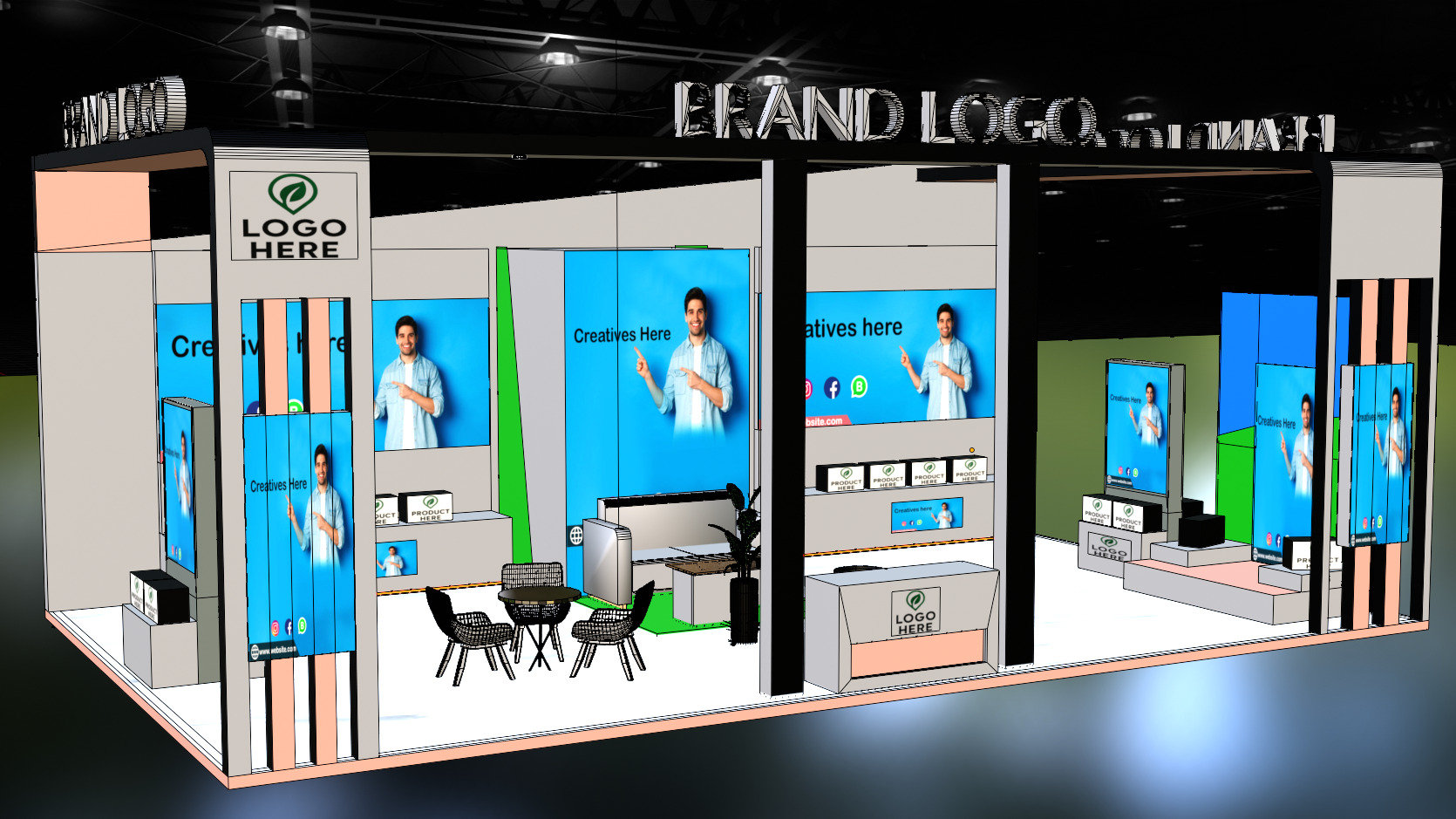 Interactive double-sided trade show booth with display walls 3D model_2