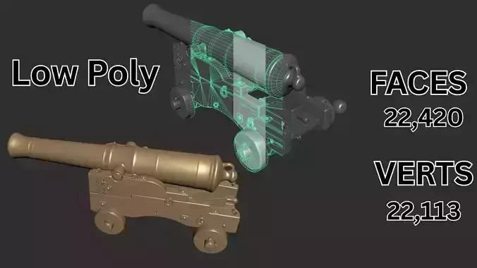 Low Poly Naval Cannon 3D Model