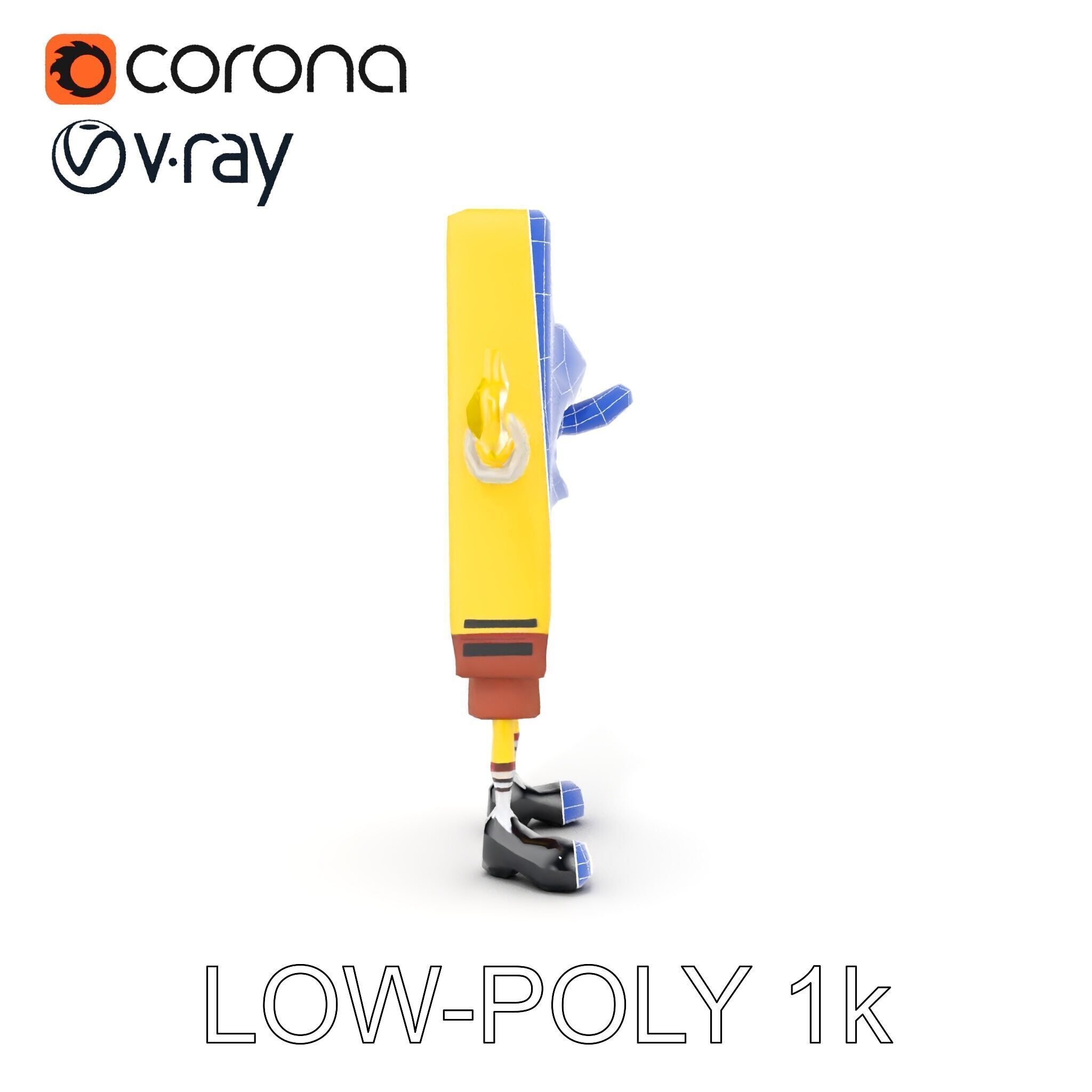 D Model Cheerful Square Character with Shorts and Shoes Low-poly 3D model_31