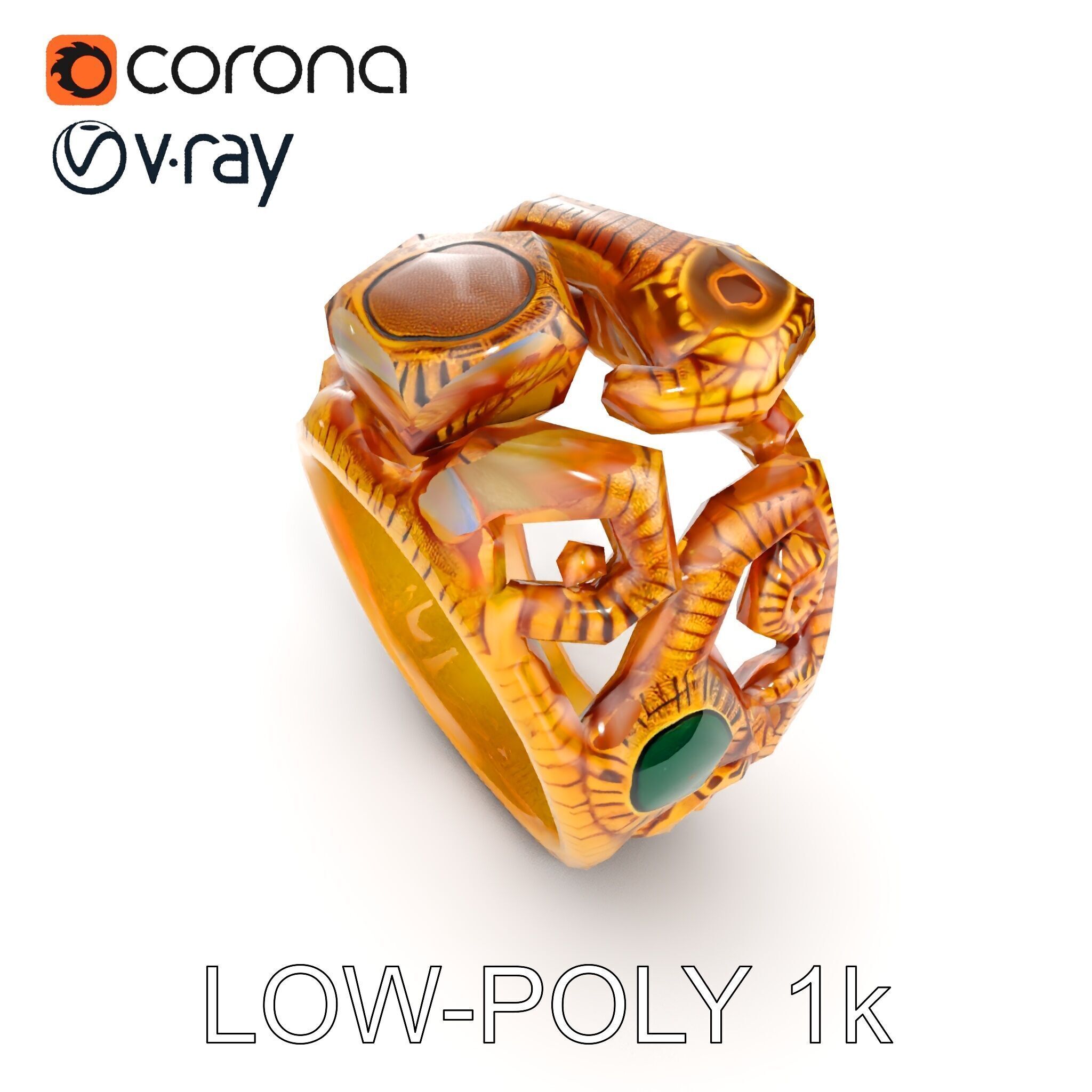 Intricate Gold Ring with Gemstone Model Pack Low-poly 3D model_23