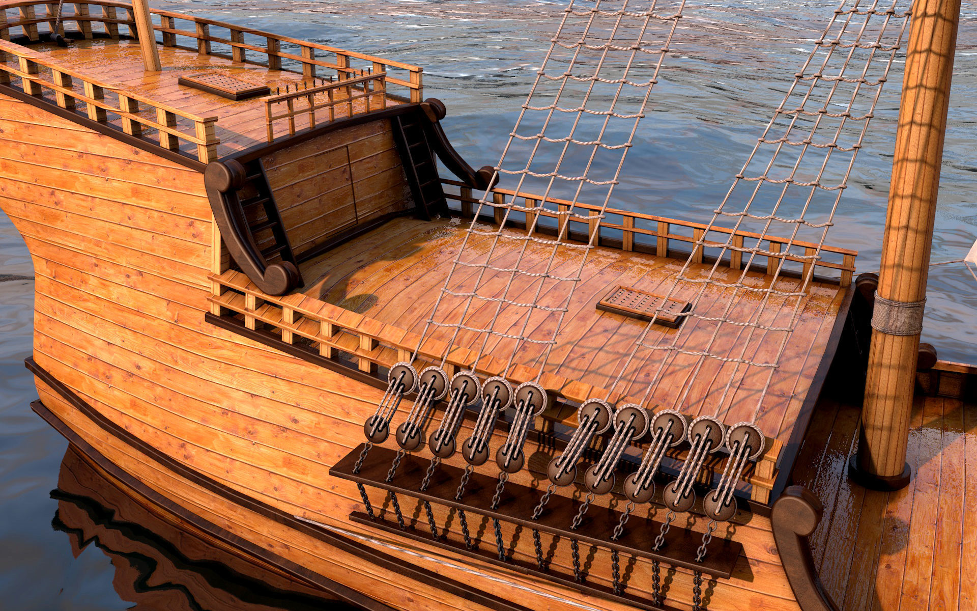Caravel wooden sailing ship 3D model_8