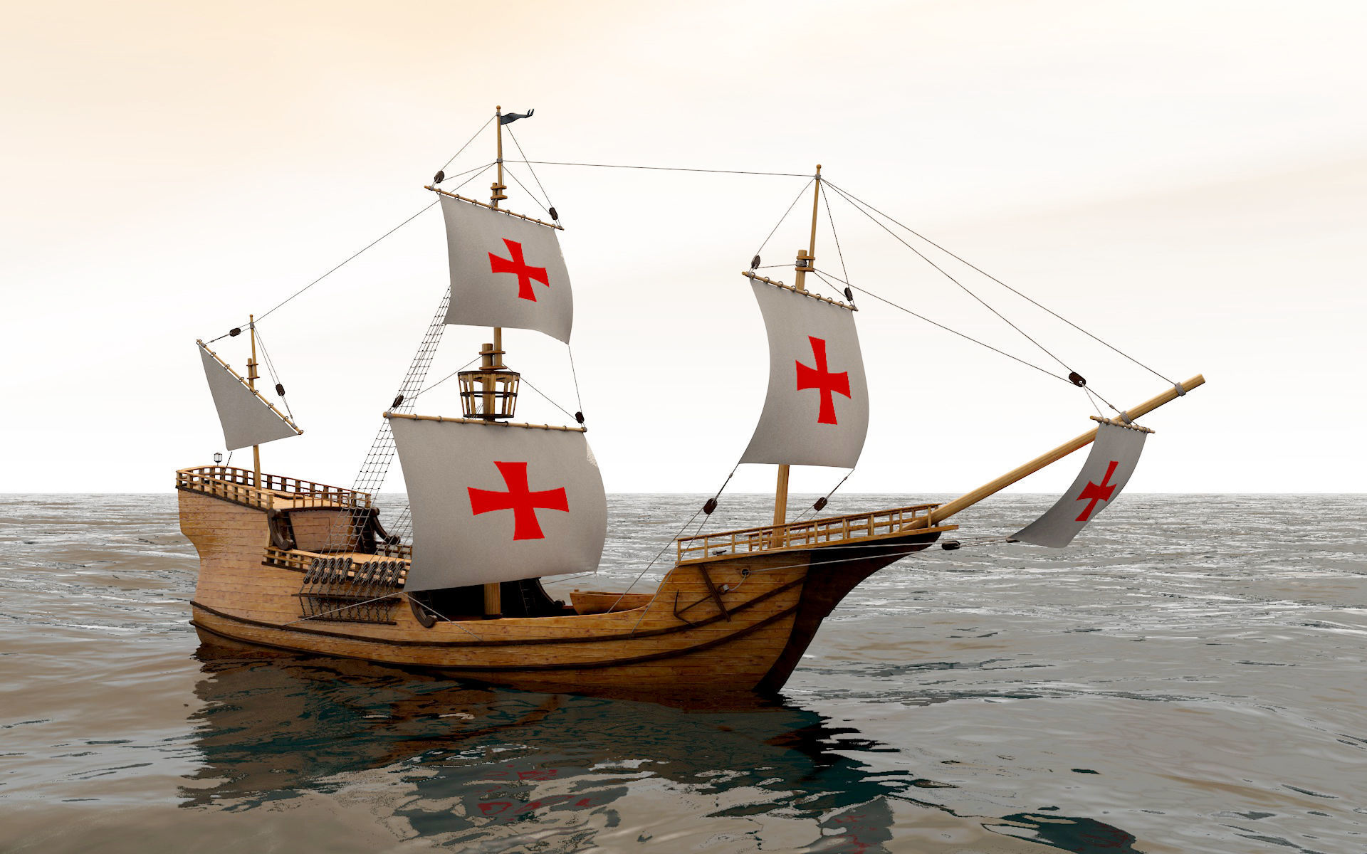 Caravel wooden sailing ship 3D model_1