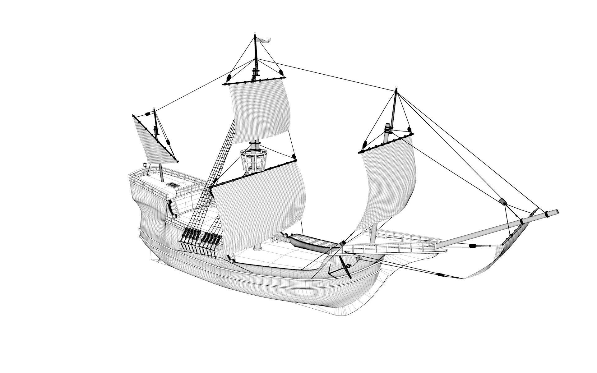 Caravel wooden sailing ship 3D model_4