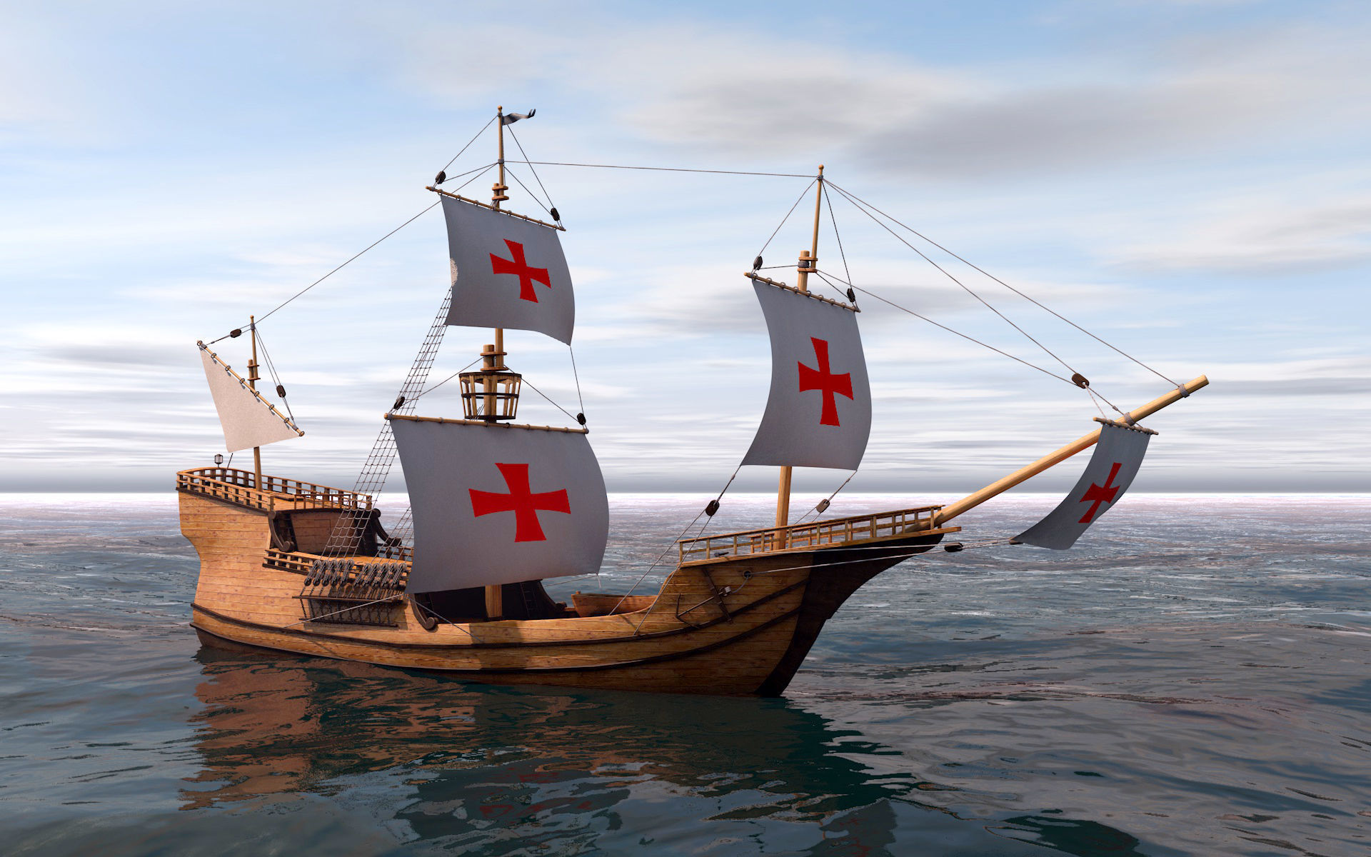 Caravel wooden sailing ship 3D model_5