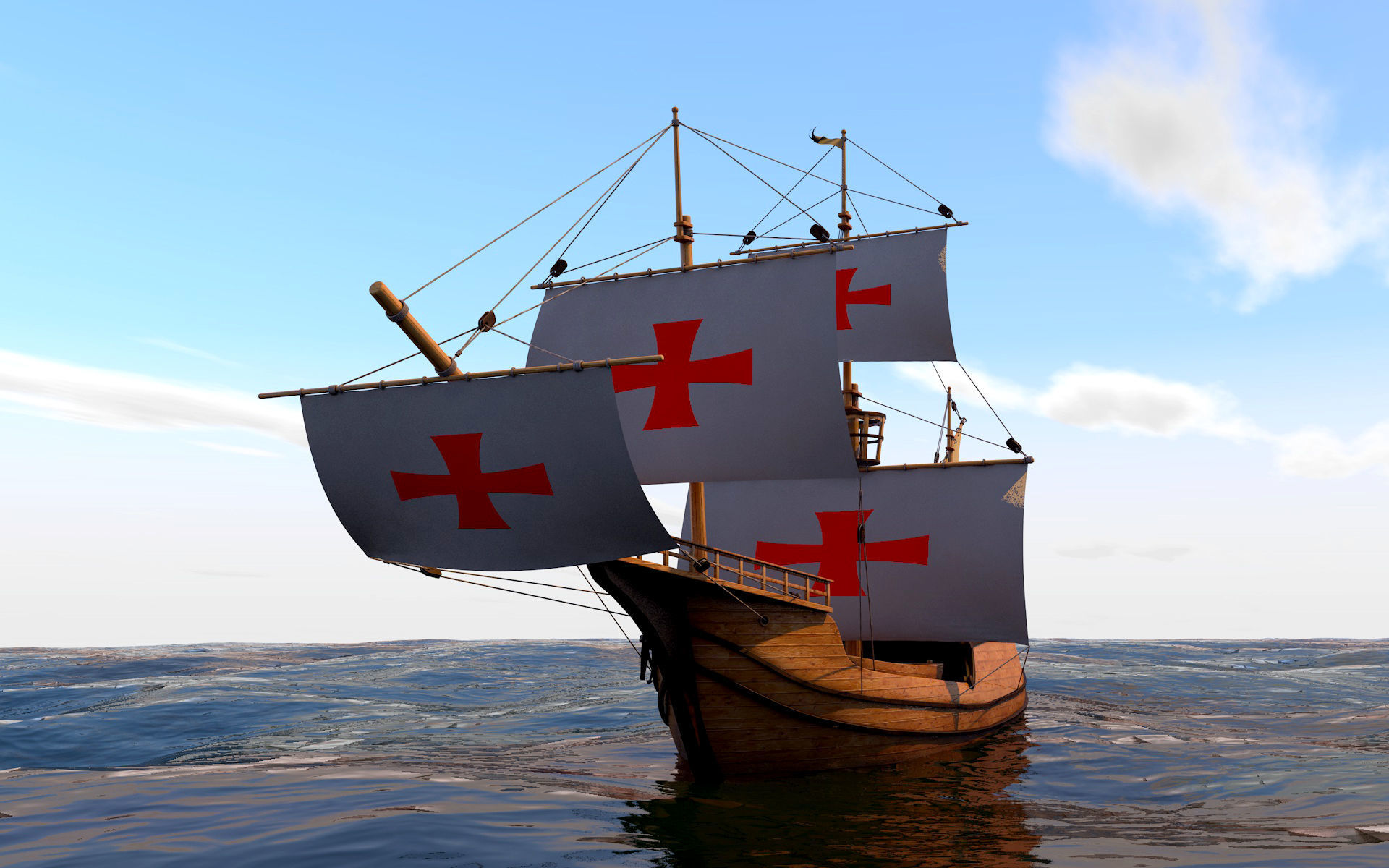 Caravel wooden sailing ship 3D model_2