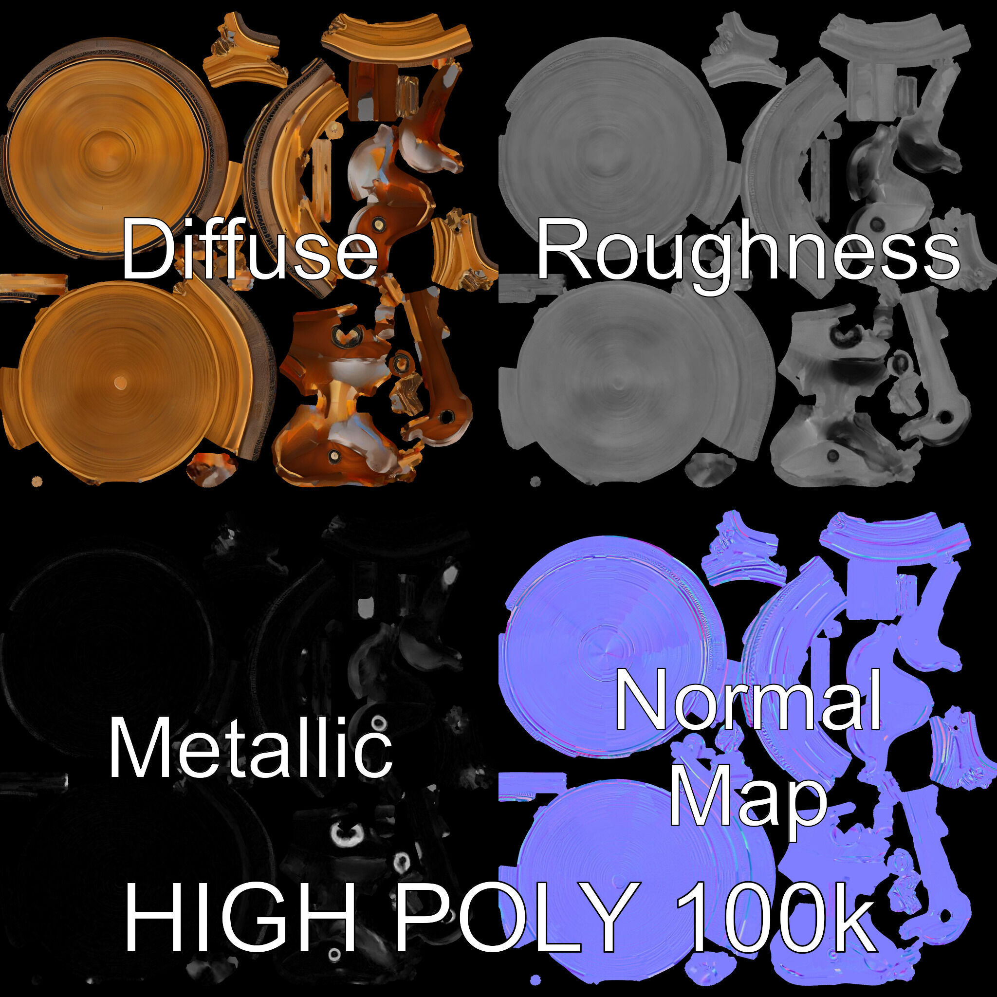 Ornate Brass Gong with Stand D Model Pack Low-poly 3D model_3