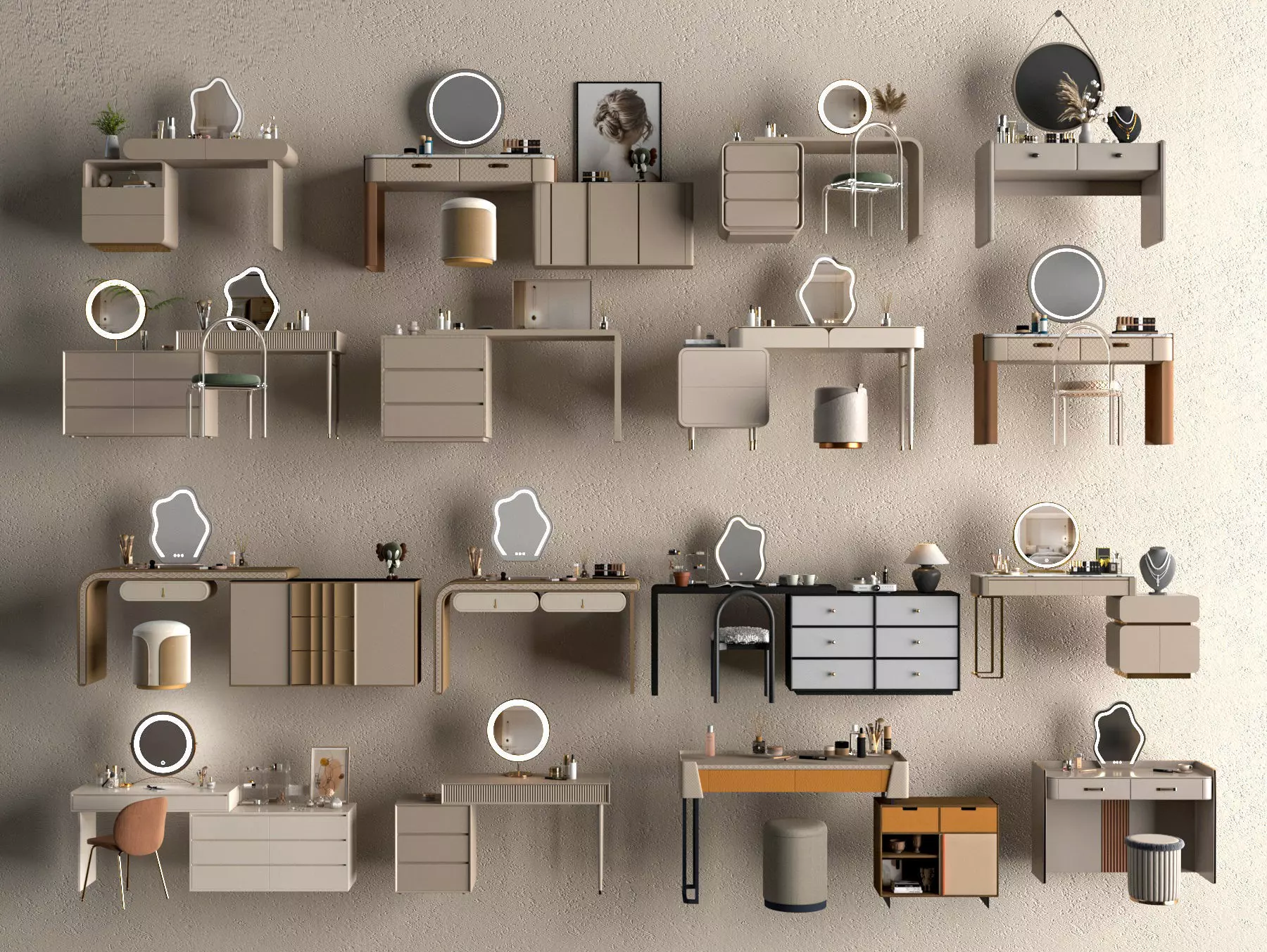 Modern cream dressing table dressing table wardrobe 3D model_0