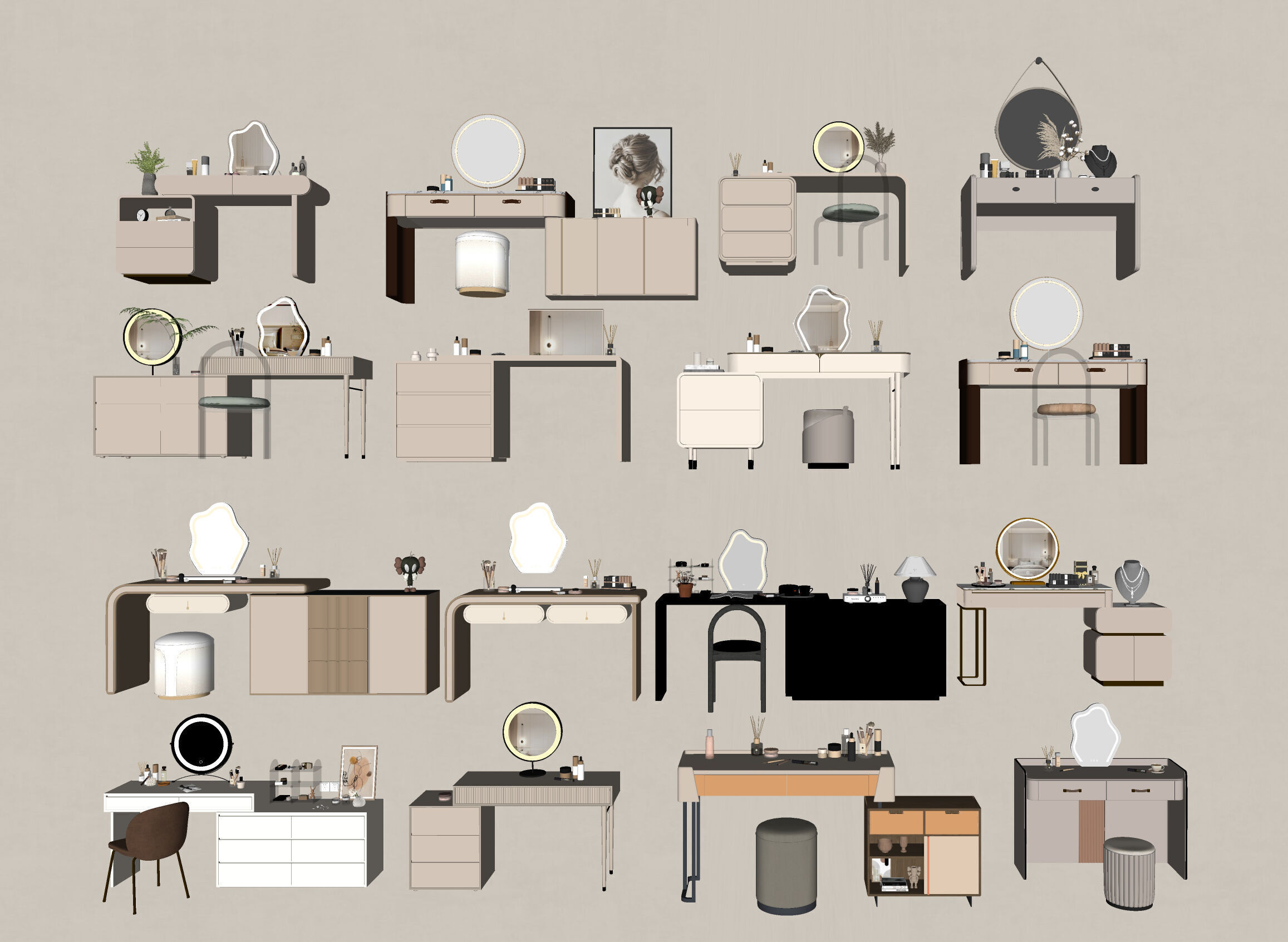 Modern cream dressing table dressing table wardrobe 3D model_1