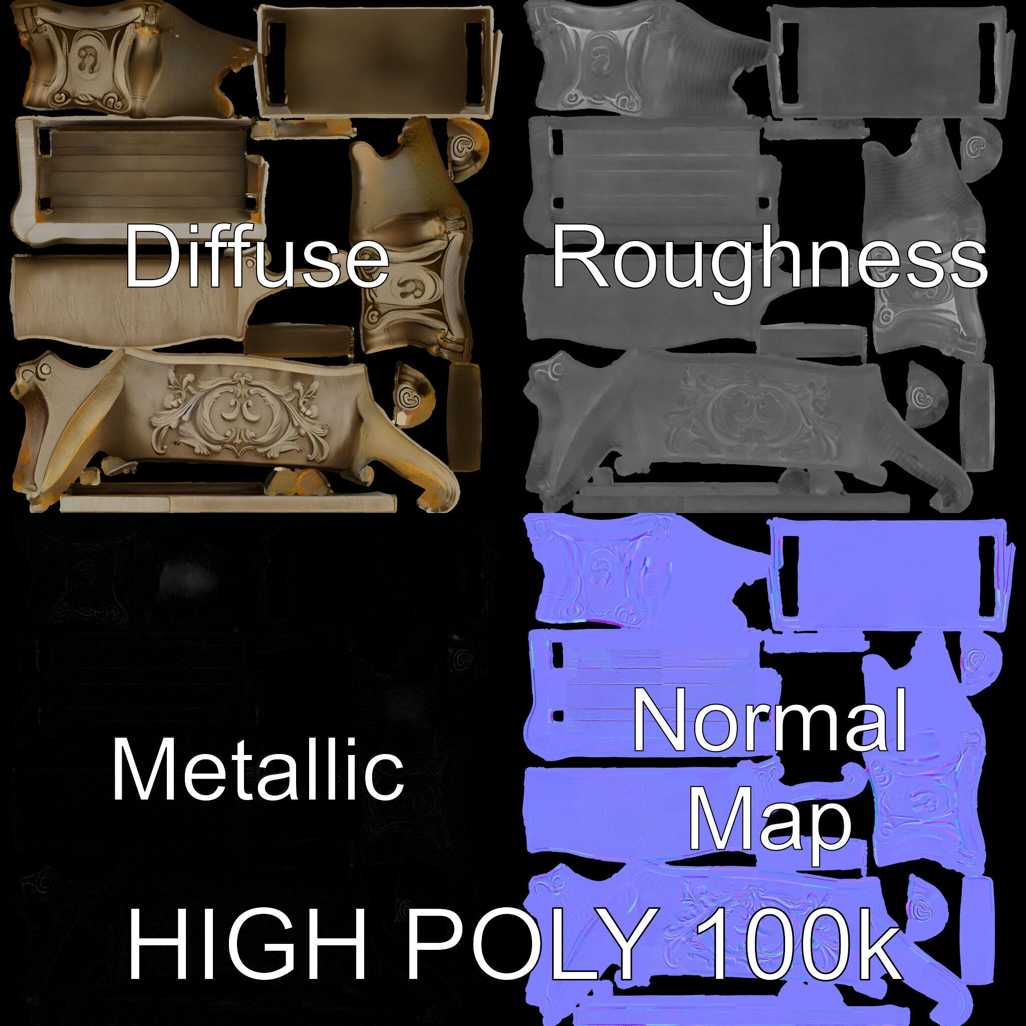 Ornate Stone Bench Model Pack Low-poly 3D model_3