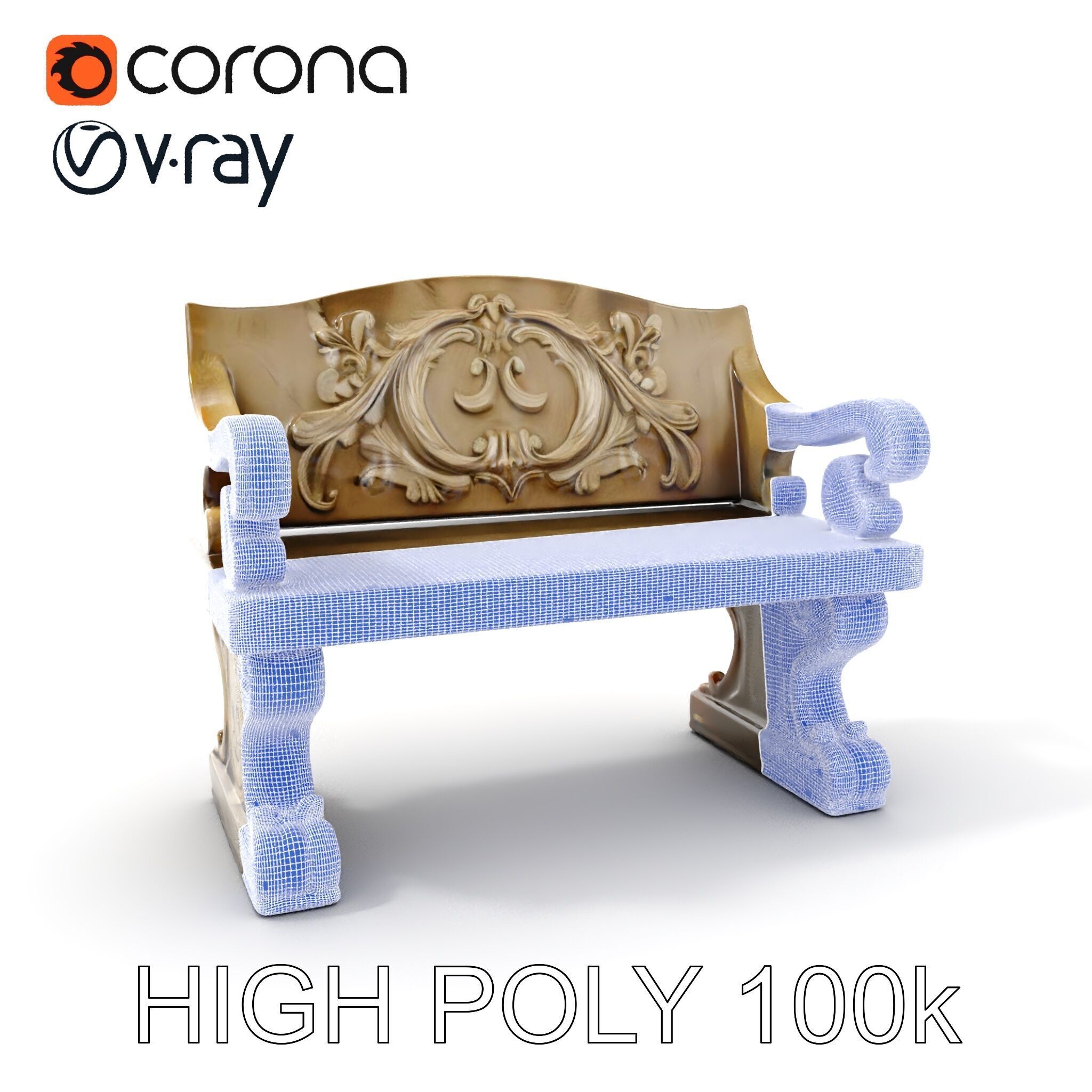 Ornate Stone Bench Model Pack Low-poly 3D model_4