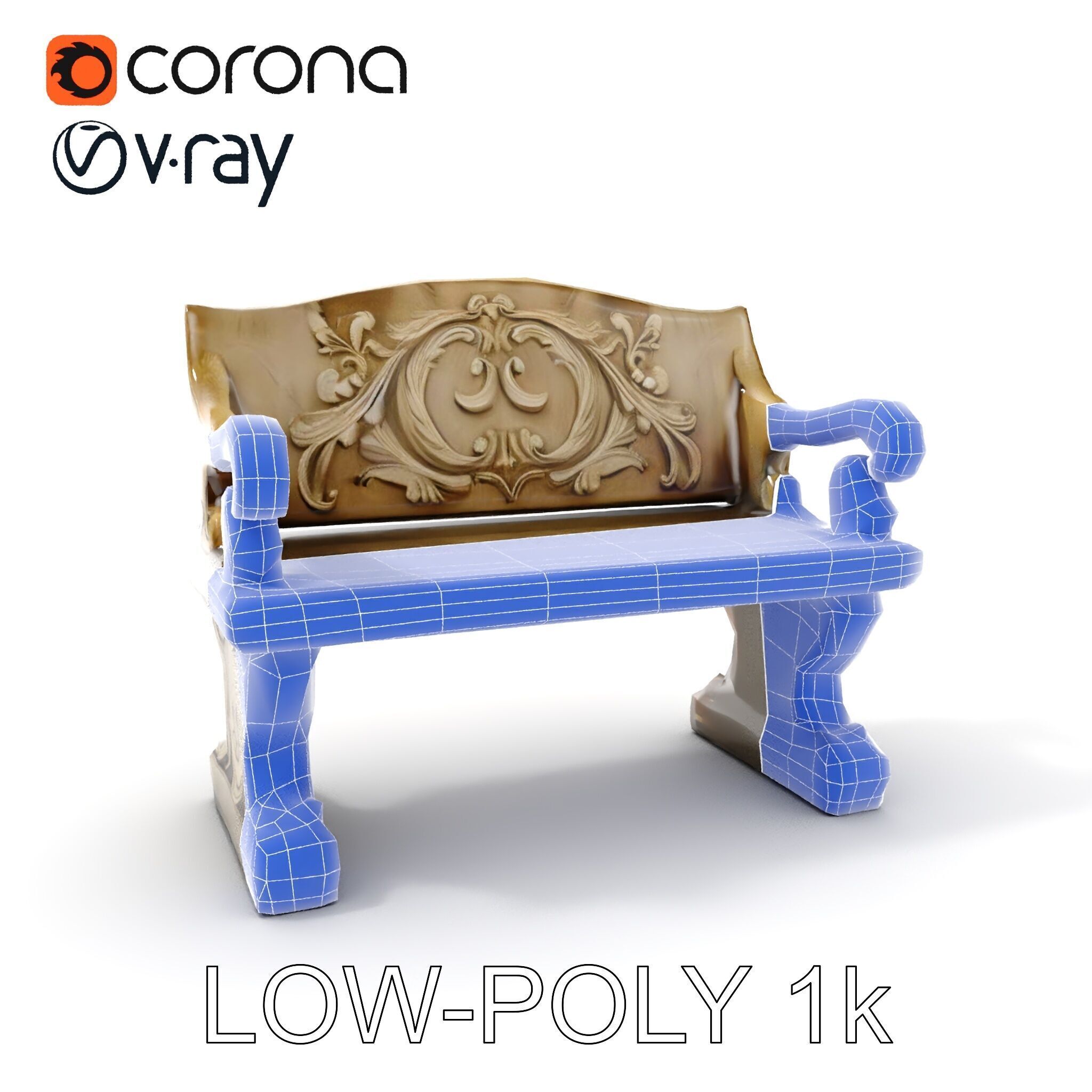 Ornate Stone Bench Model Pack Low-poly 3D model_31