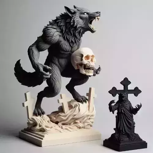 876 Ivory Werewolf Howling with Skull 3D Model beast