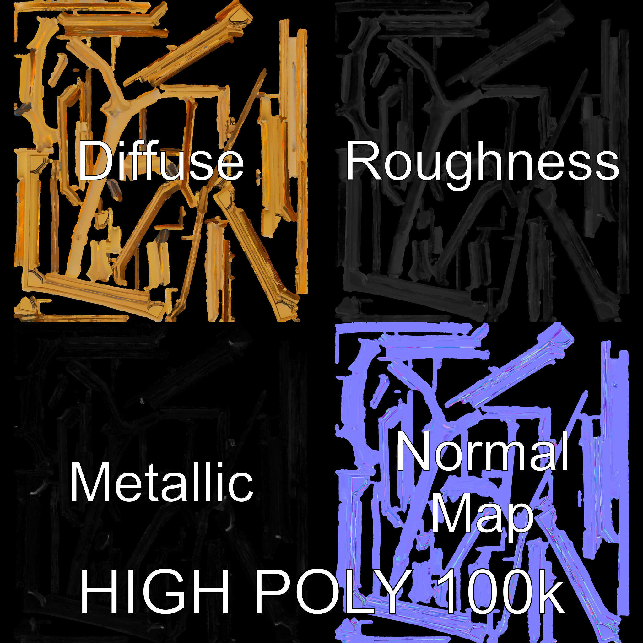 Art Deco Gold Frame Mirror Model Pack Low-poly 3D model_3