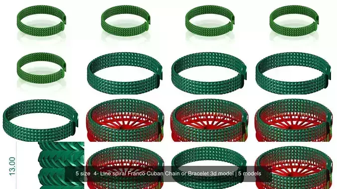 5 size  4- Line spiral Franco Cuban Chain or Bracelet 3d model