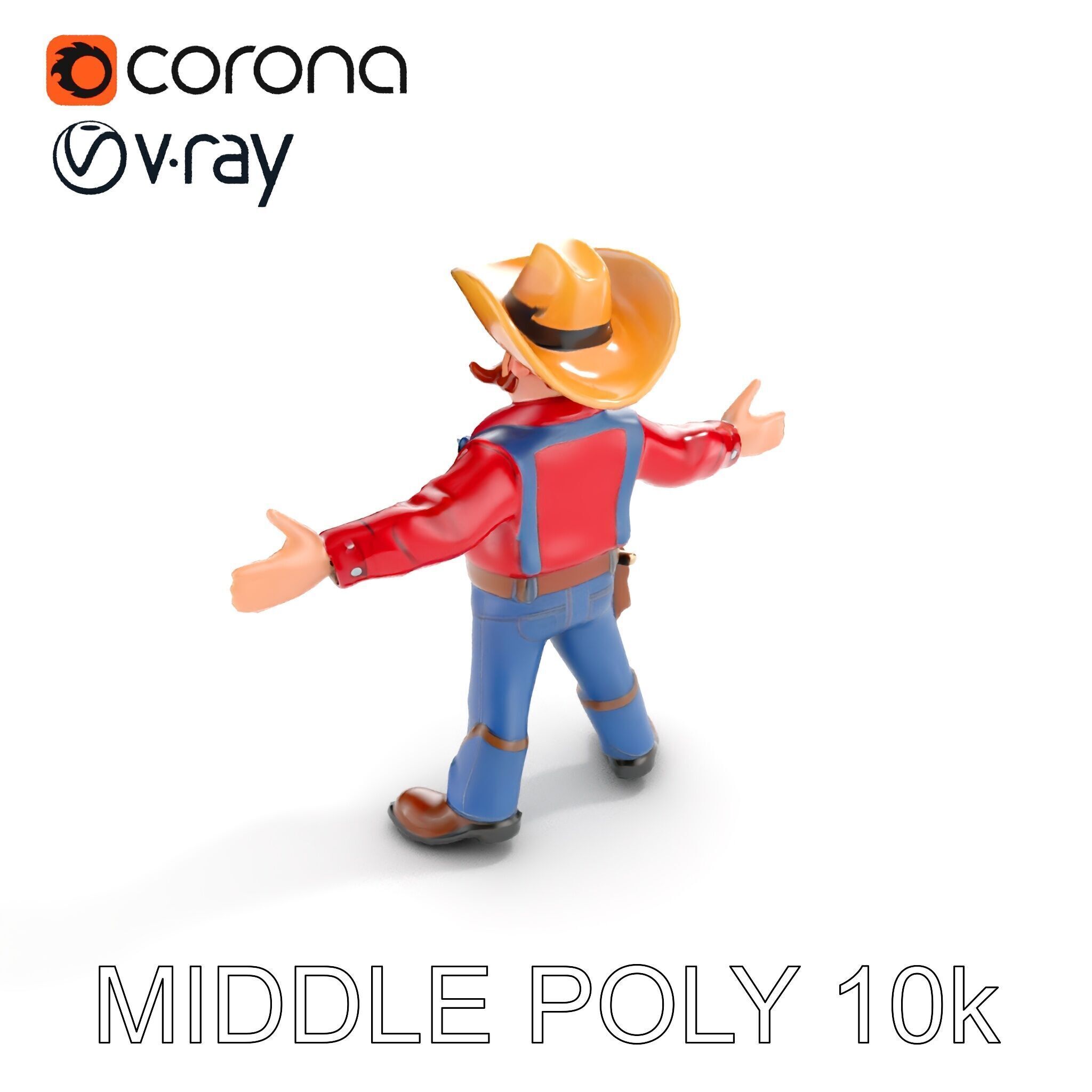 Charming Cartoon Cowboy with Hat and Mustache Low-poly 3D model_15