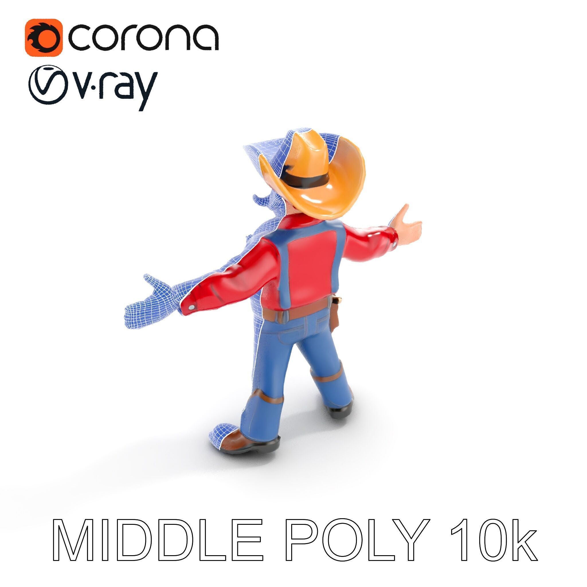 Charming Cartoon Cowboy with Hat and Mustache Low-poly 3D model_34
