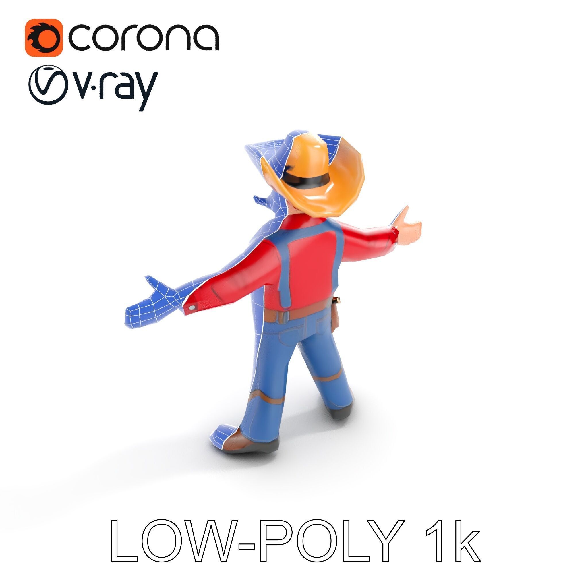 Charming Cartoon Cowboy with Hat and Mustache Low-poly 3D model_19