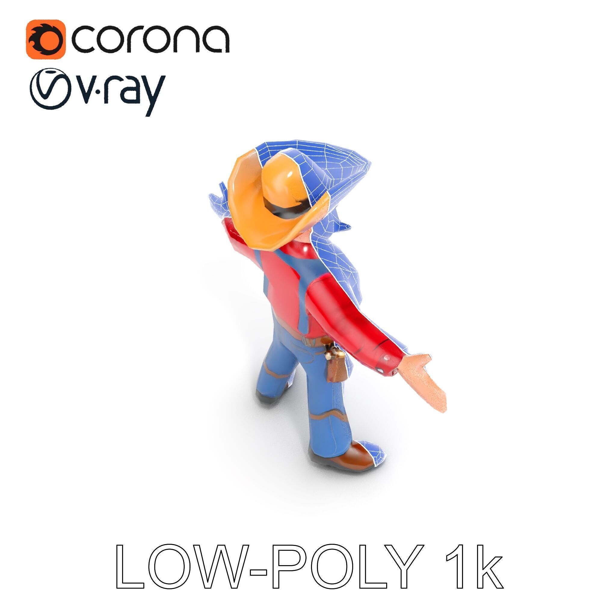 Charming Cartoon Cowboy with Hat and Mustache Low-poly 3D model_29
