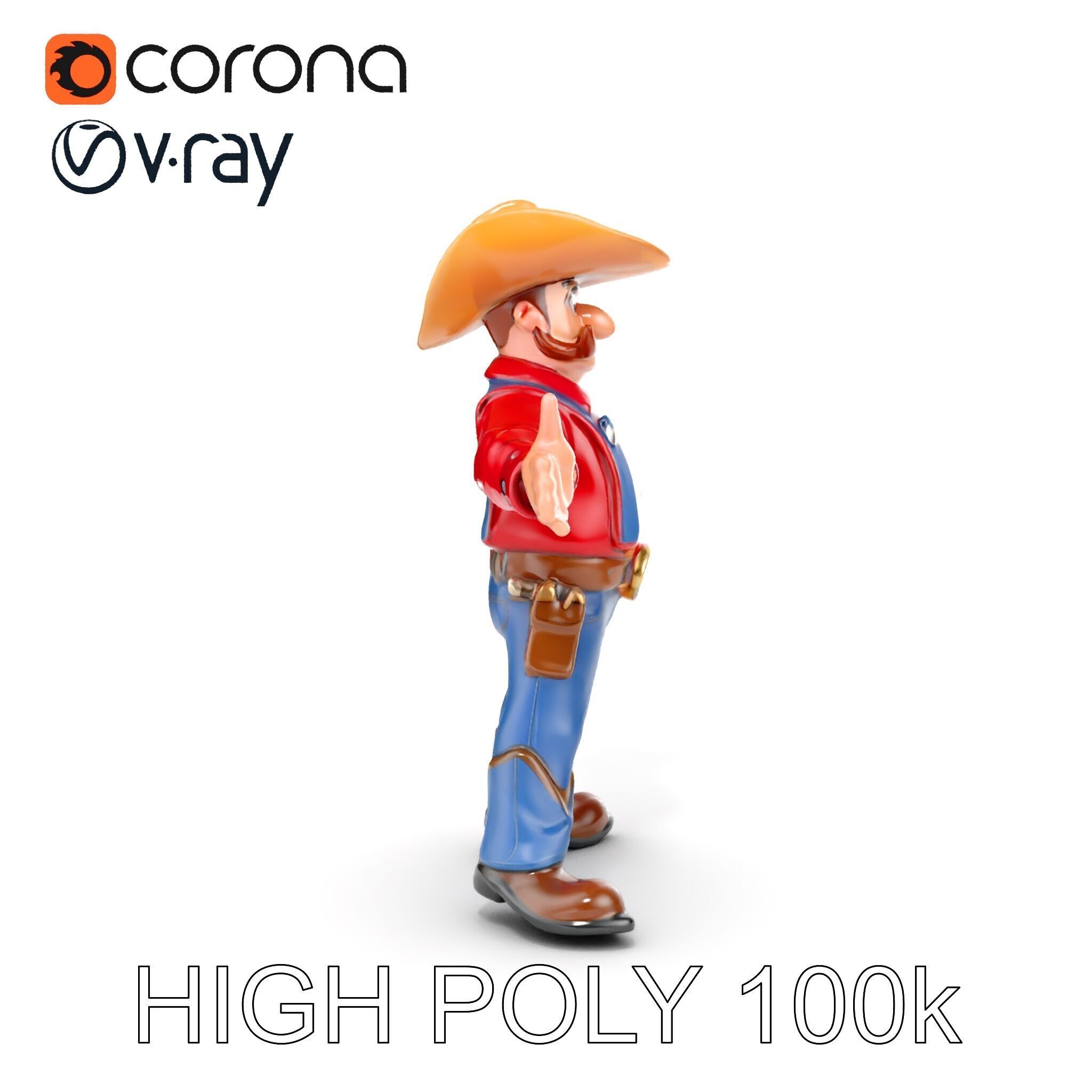 Charming Cartoon Cowboy with Hat and Mustache Low-poly 3D model_17