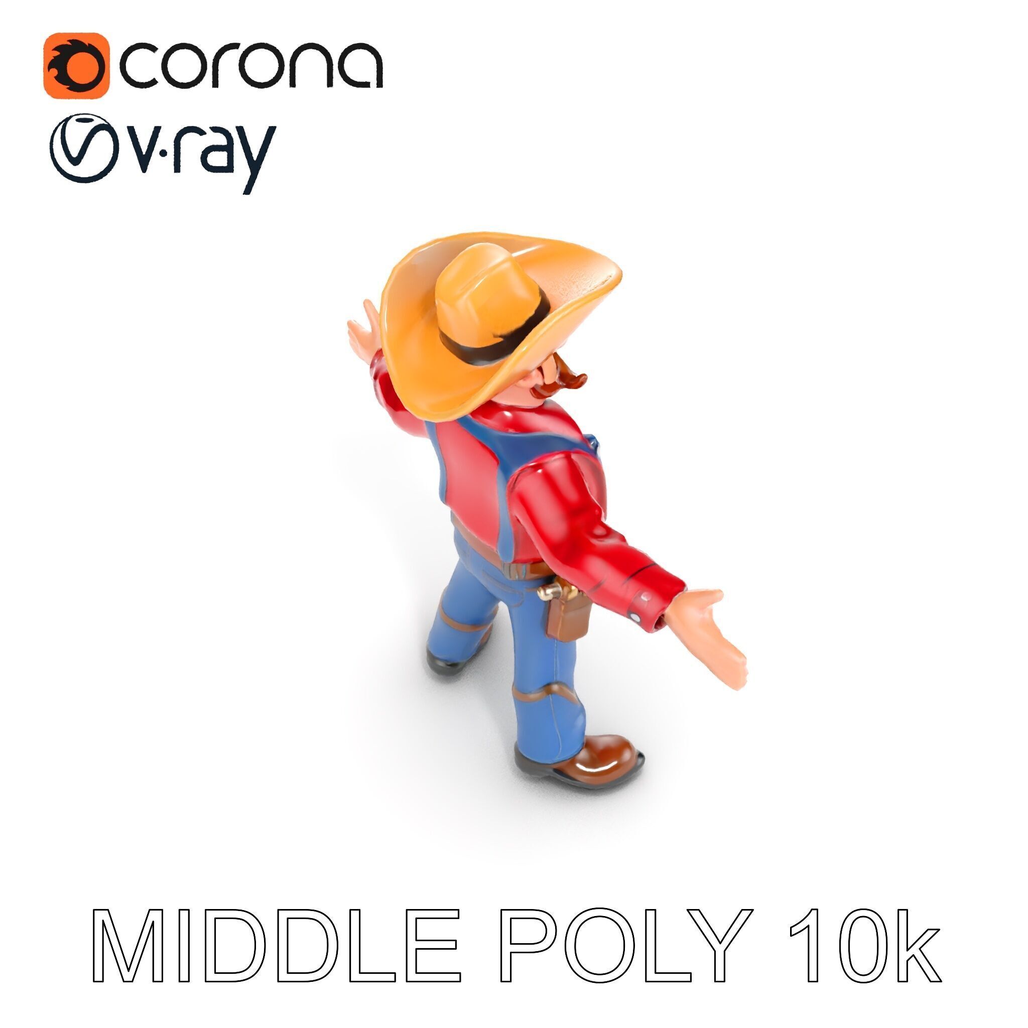 Charming Cartoon Cowboy with Hat and Mustache Low-poly 3D model_18