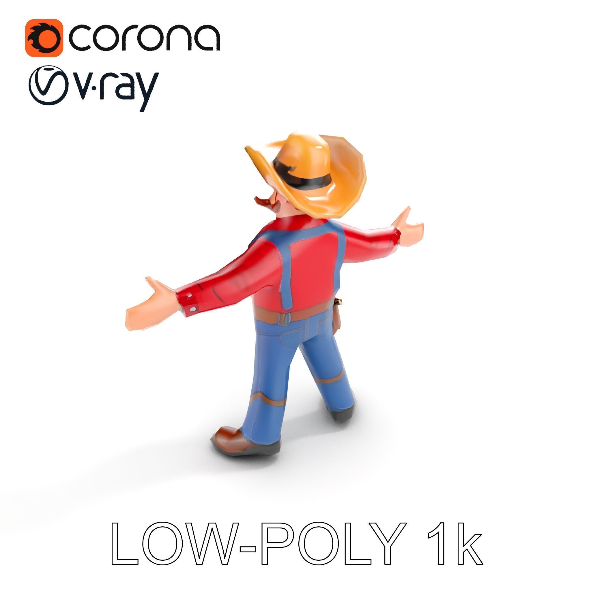Charming Cartoon Cowboy with Hat and Mustache Low-poly 3D model_16