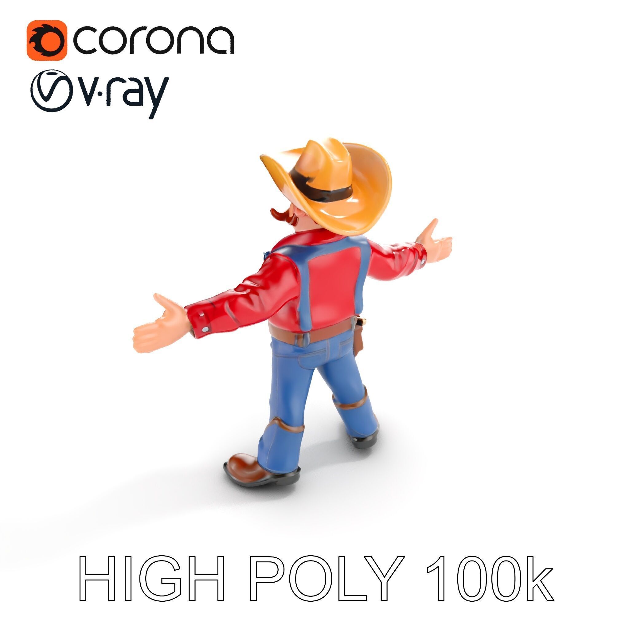 Charming Cartoon Cowboy with Hat and Mustache Low-poly 3D model_20