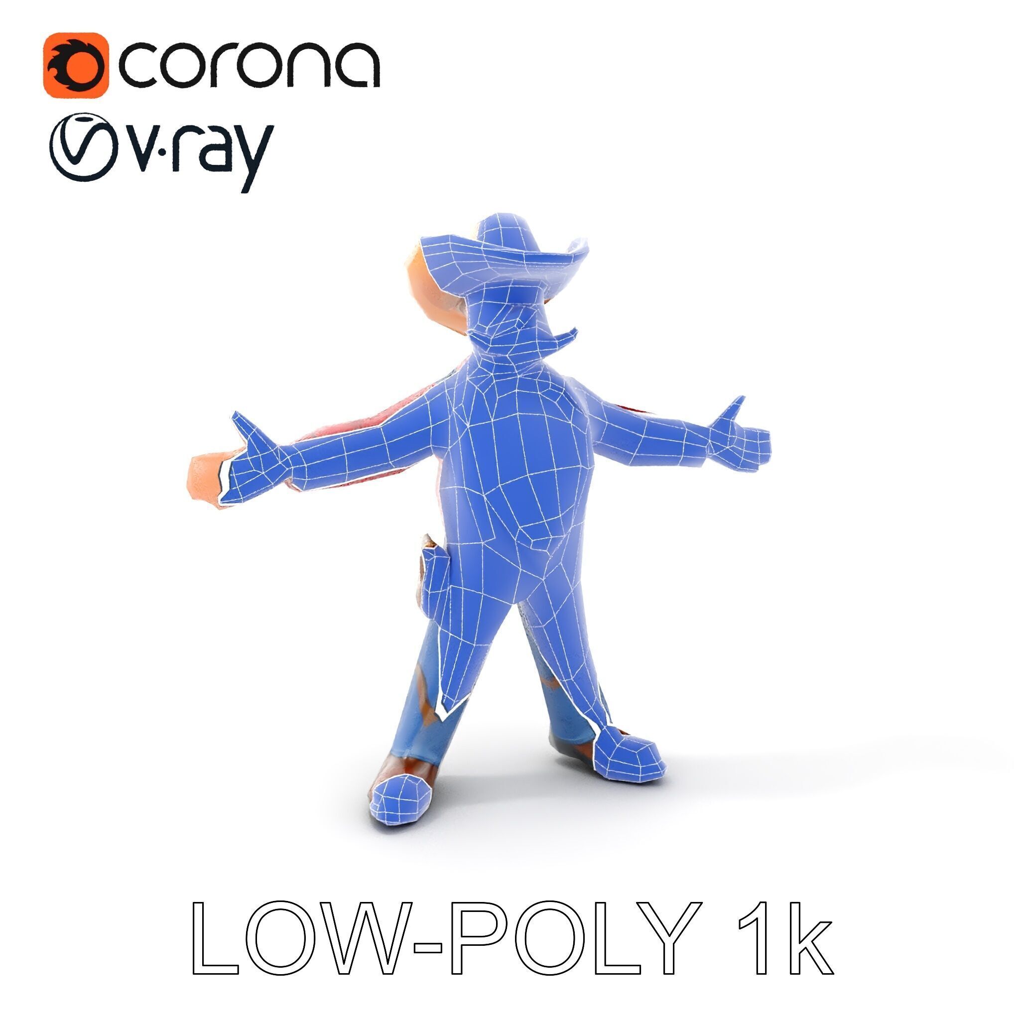 Charming Cartoon Cowboy with Hat and Mustache Low-poly 3D model_13