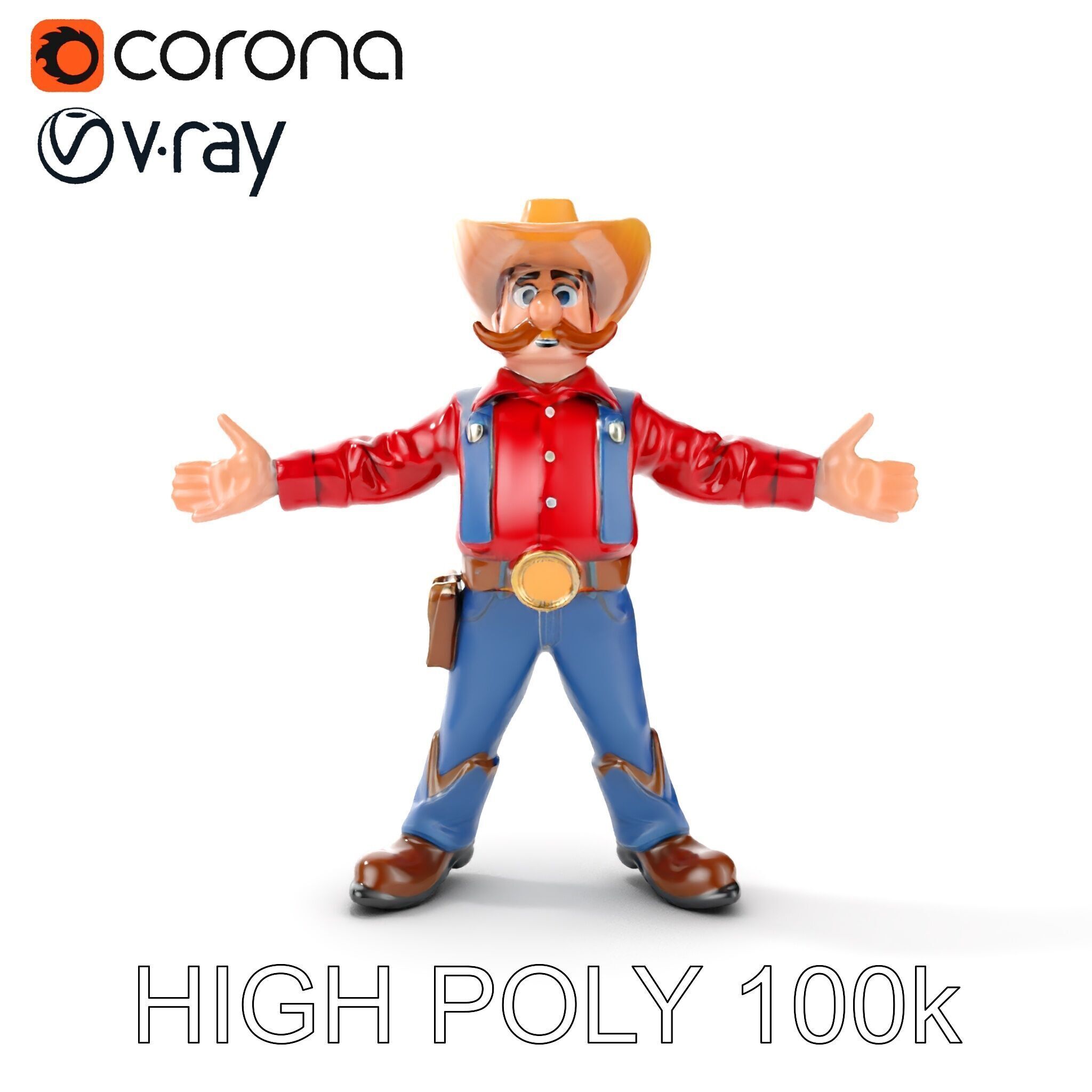 Charming Cartoon Cowboy with Hat and Mustache Low-poly 3D model_11