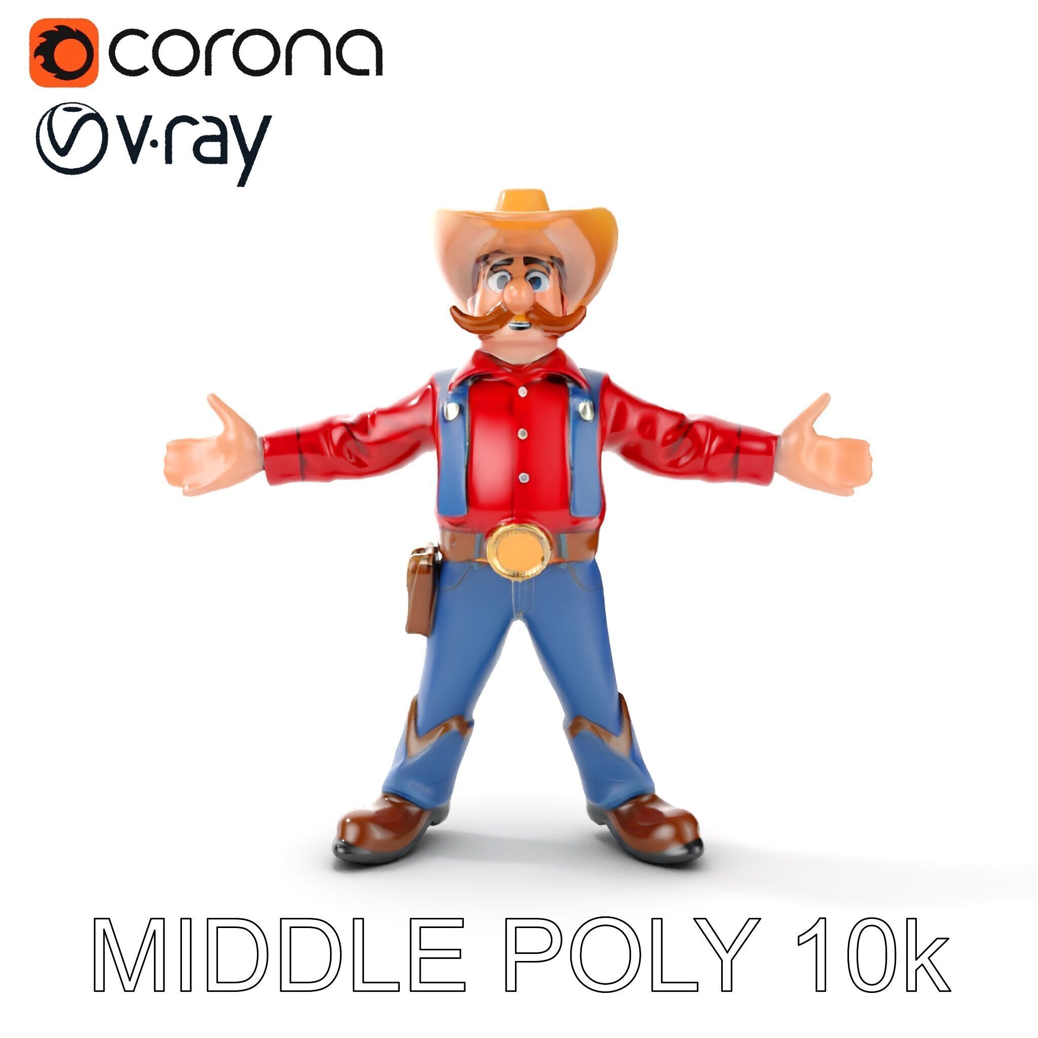 Charming Cartoon Cowboy with Hat and Mustache Low-poly 3D model_24