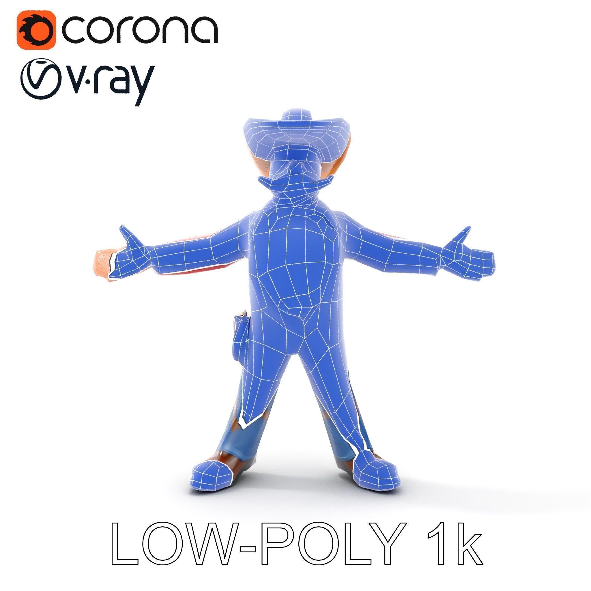 Charming Cartoon Cowboy with Hat and Mustache Low-poly 3D model_27