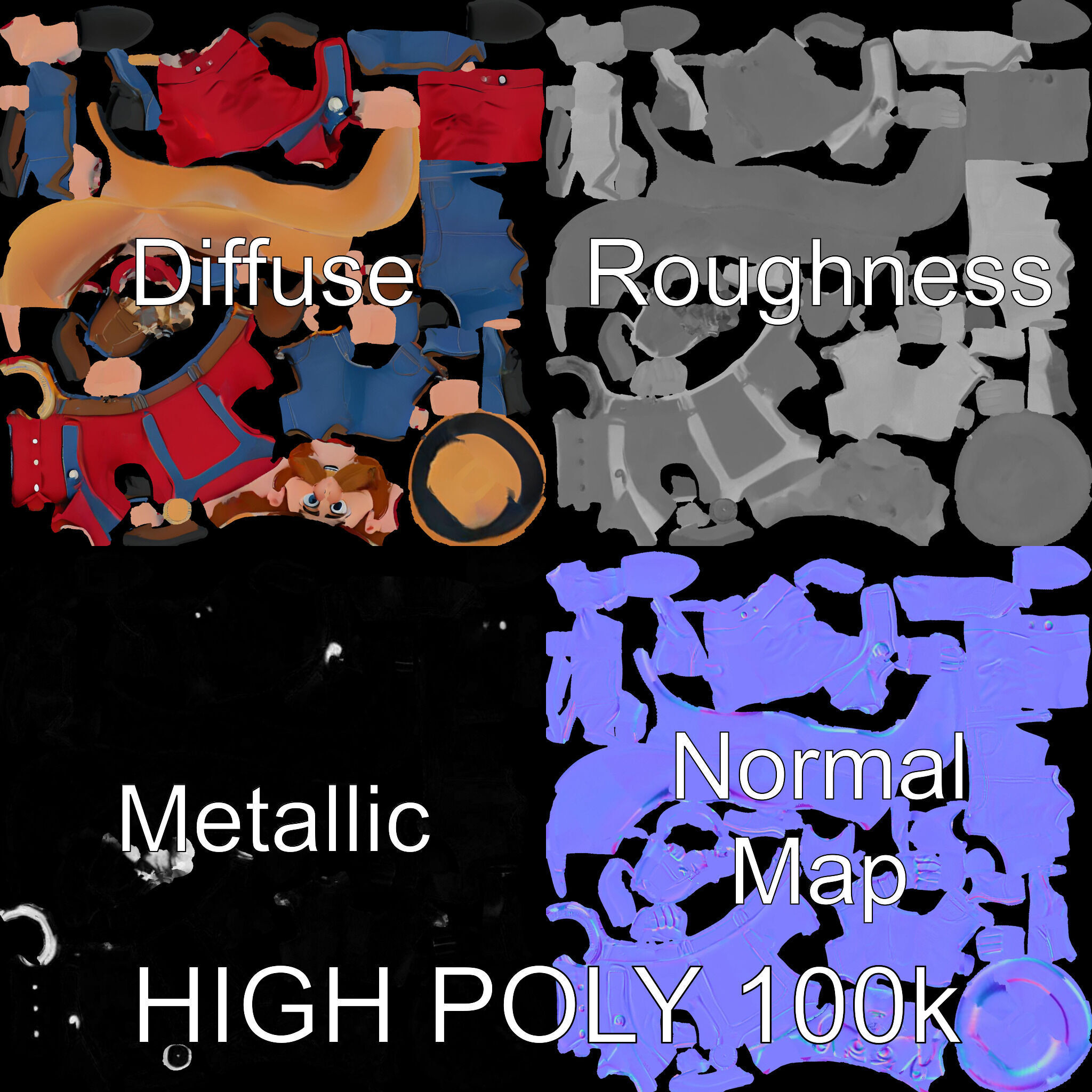 Charming Cartoon Cowboy with Hat and Mustache Low-poly 3D model_4