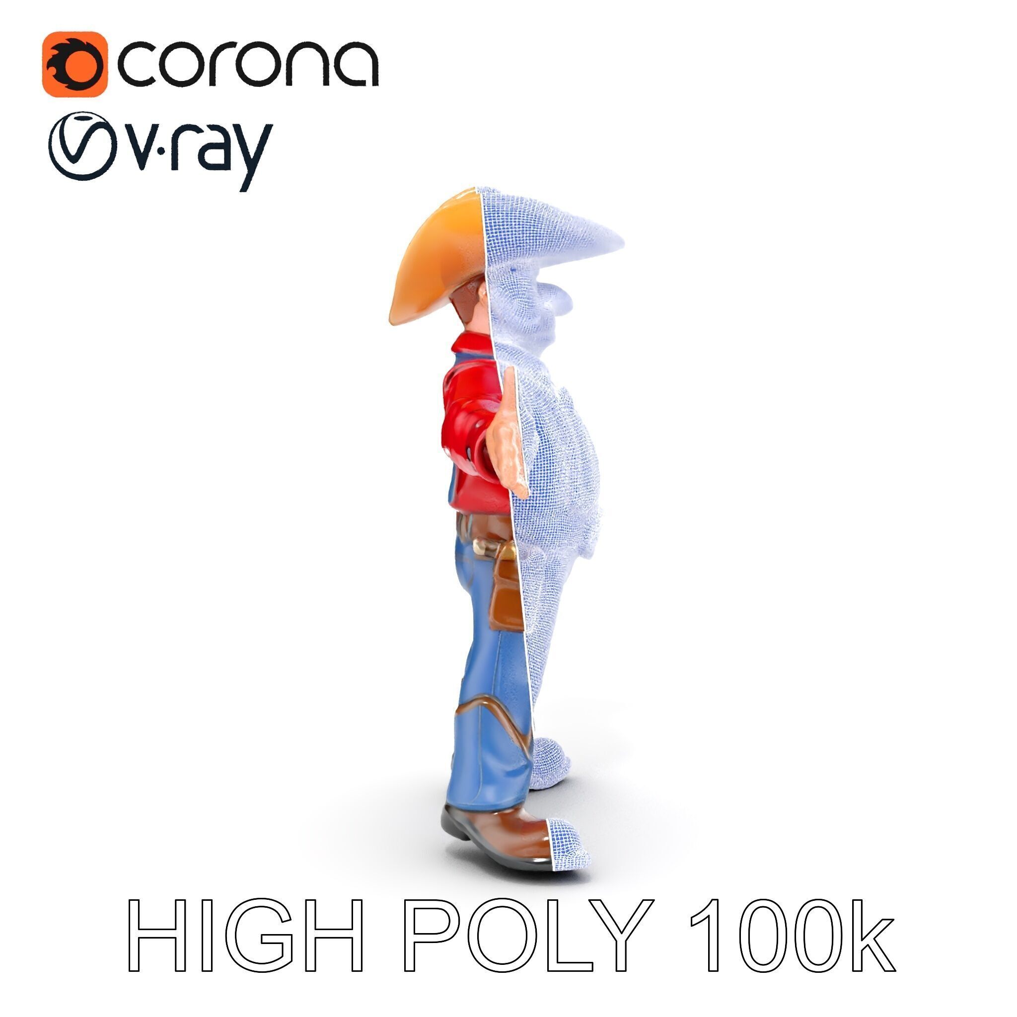 Charming Cartoon Cowboy with Hat and Mustache Low-poly 3D model_33