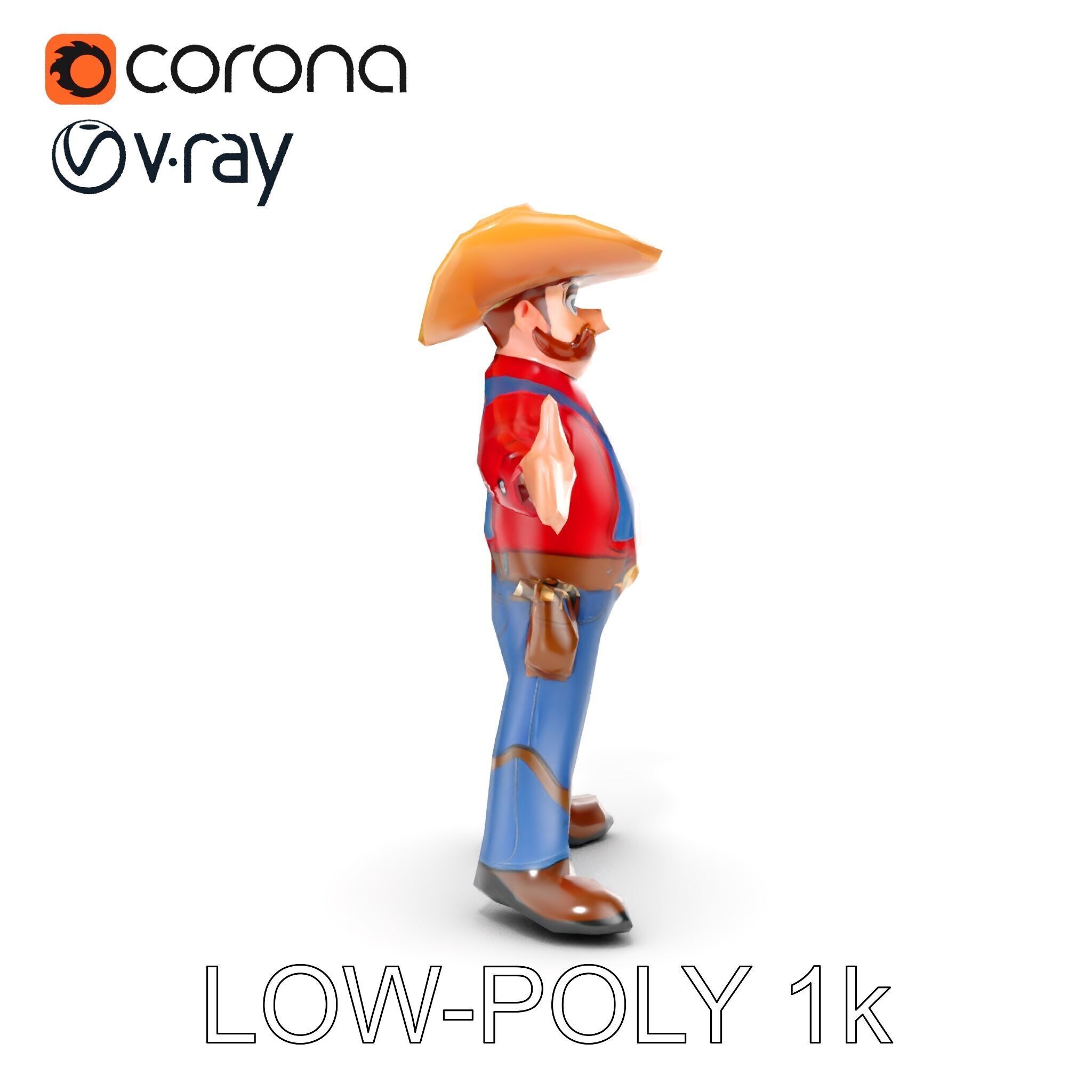Charming Cartoon Cowboy with Hat and Mustache Low-poly 3D model_25
