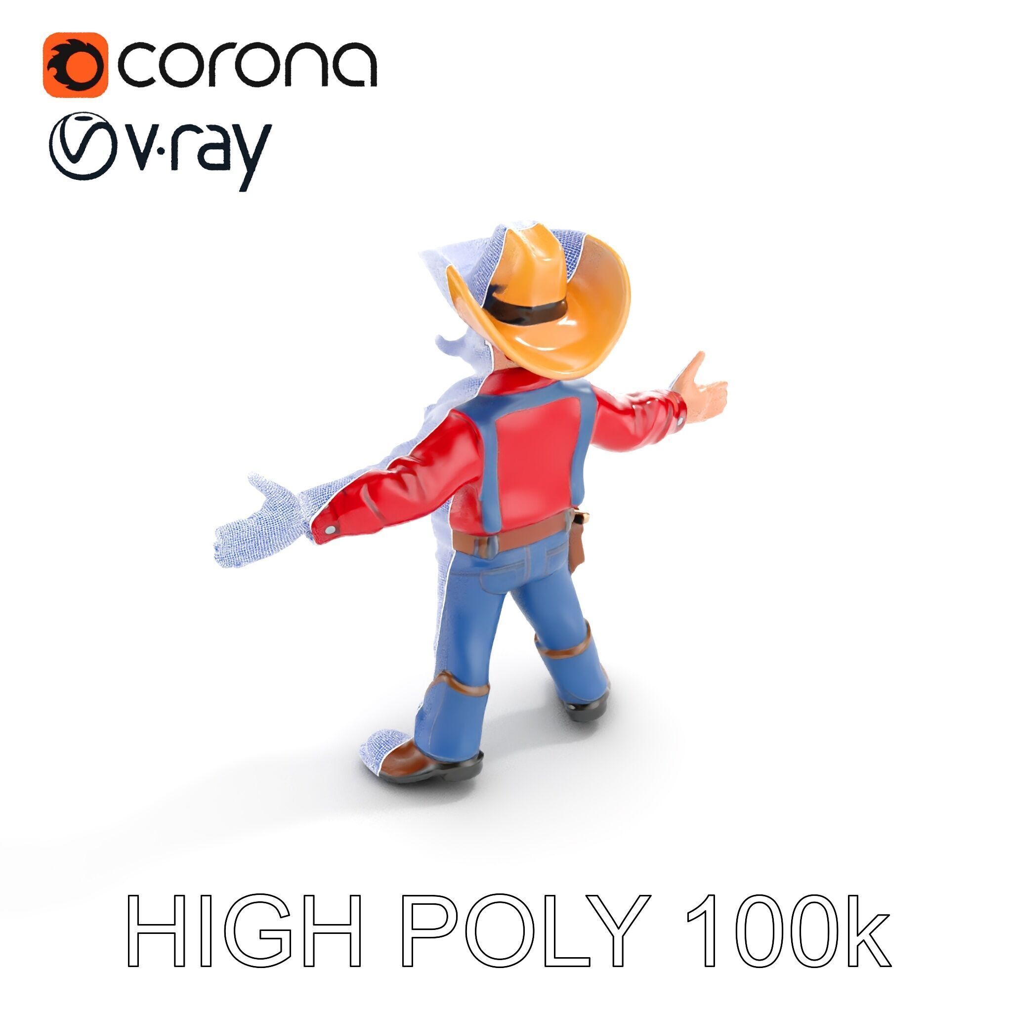 Charming Cartoon Cowboy with Hat and Mustache Low-poly 3D model_23