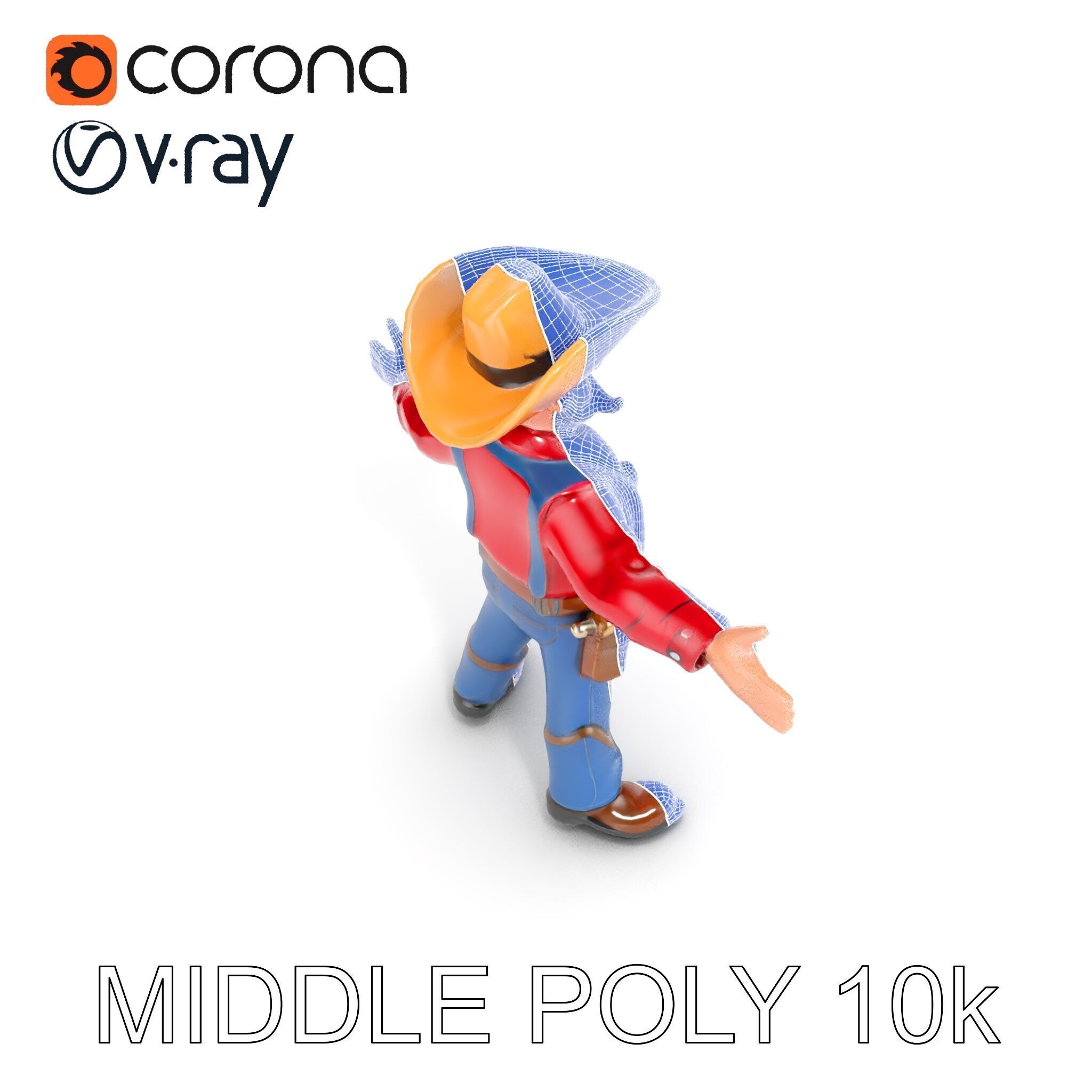 Charming Cartoon Cowboy with Hat and Mustache Low-poly 3D model_28