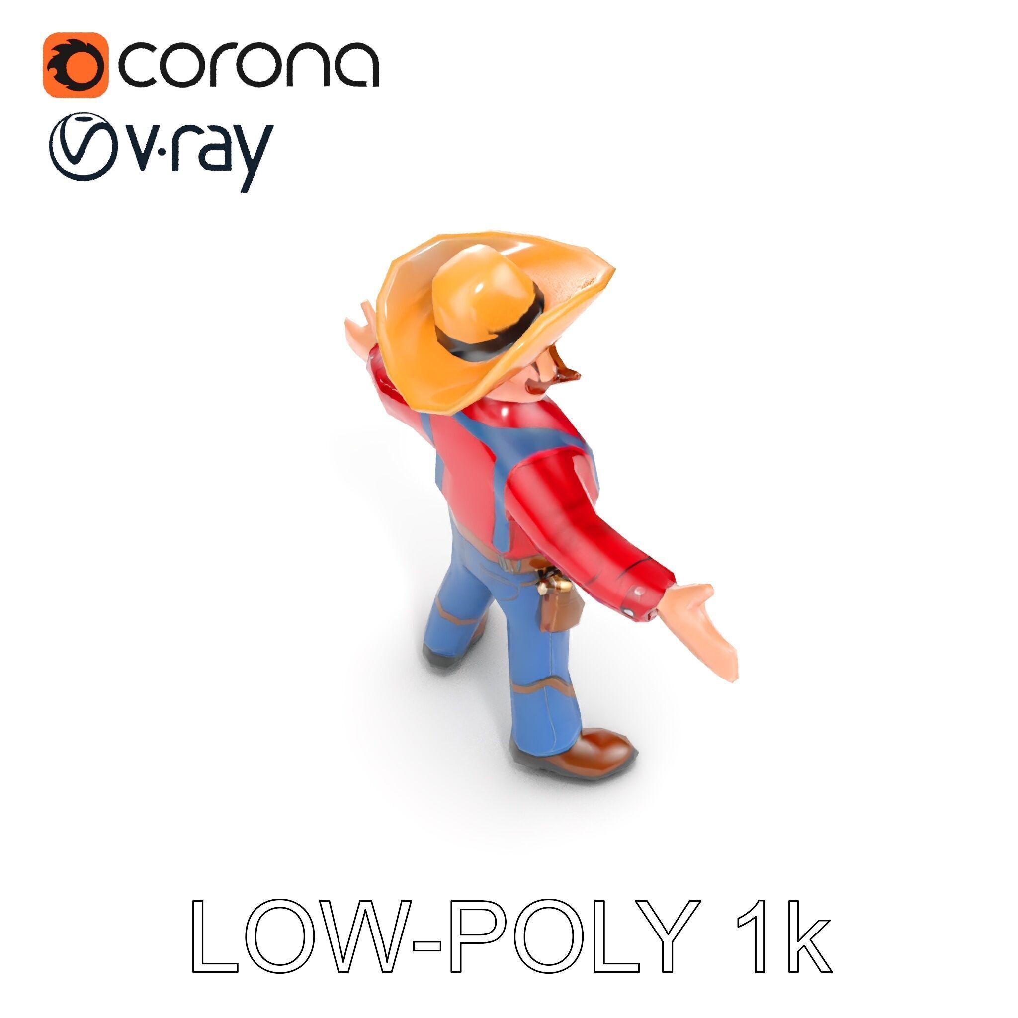 Charming Cartoon Cowboy with Hat and Mustache Low-poly 3D model_8