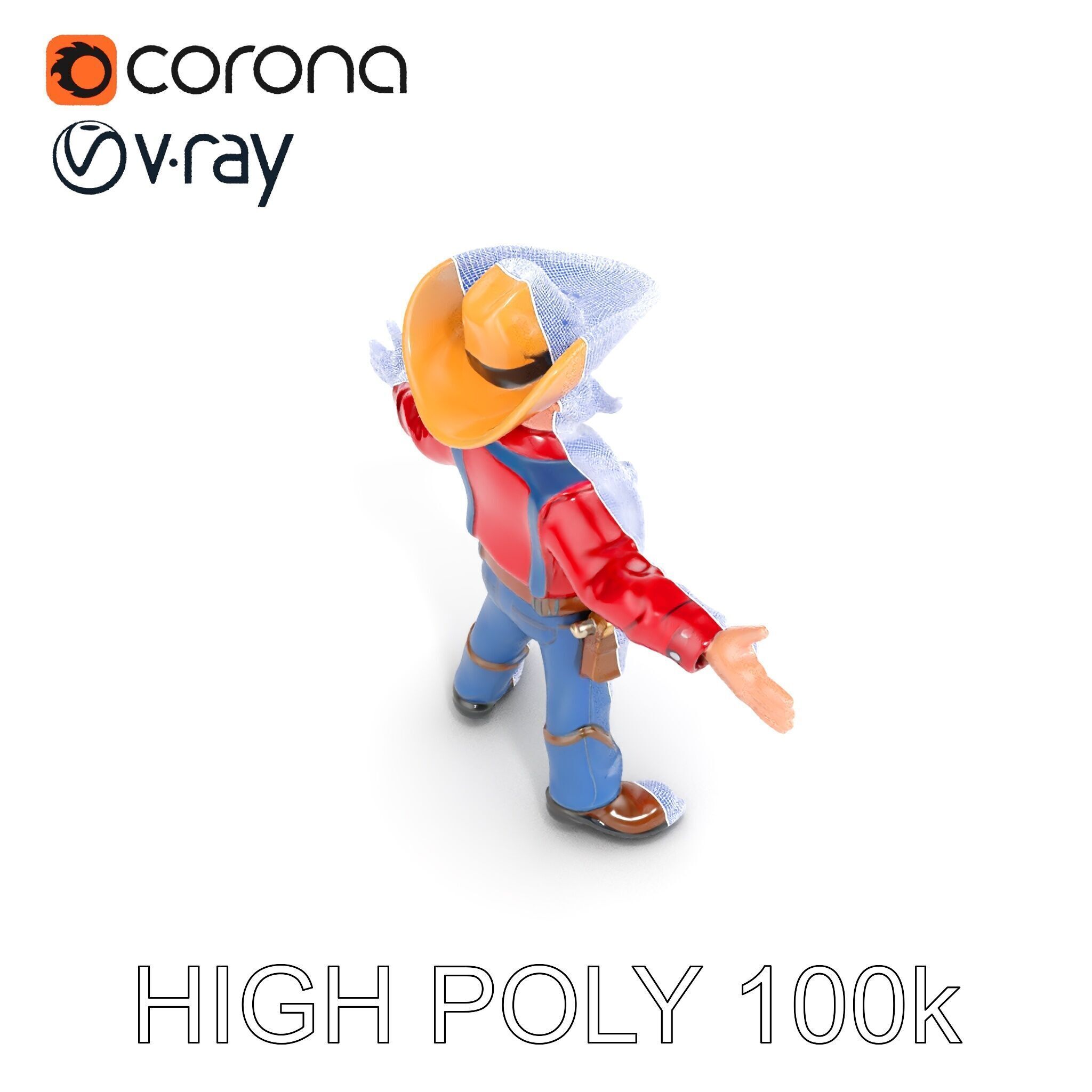 Charming Cartoon Cowboy with Hat and Mustache Low-poly 3D model_30