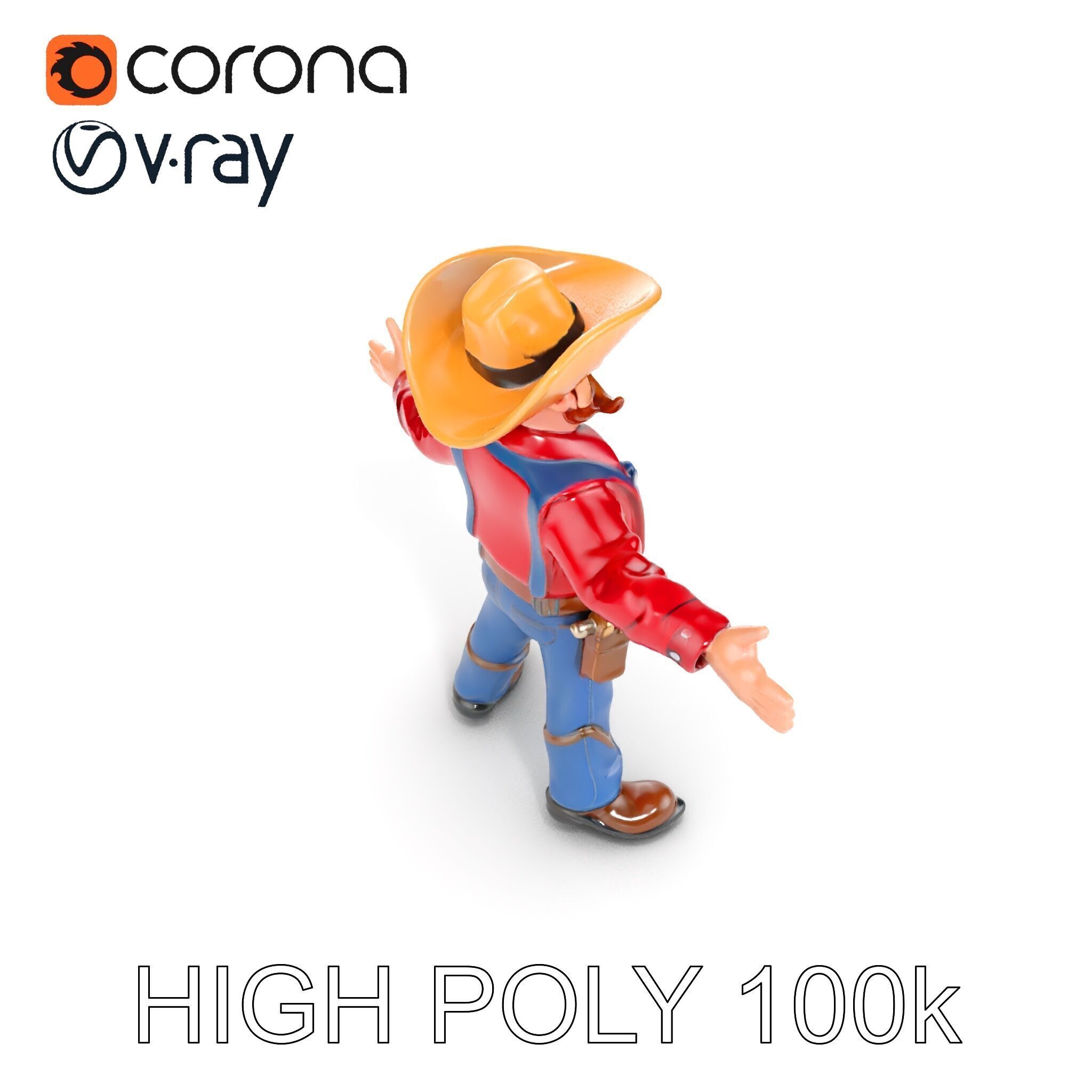 Charming Cartoon Cowboy with Hat and Mustache Low-poly 3D model_14