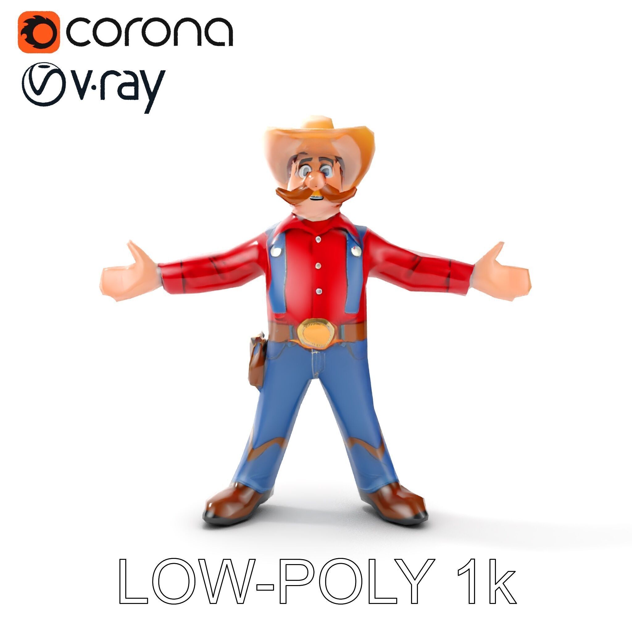 Charming Cartoon Cowboy with Hat and Mustache Low-poly 3D model_10