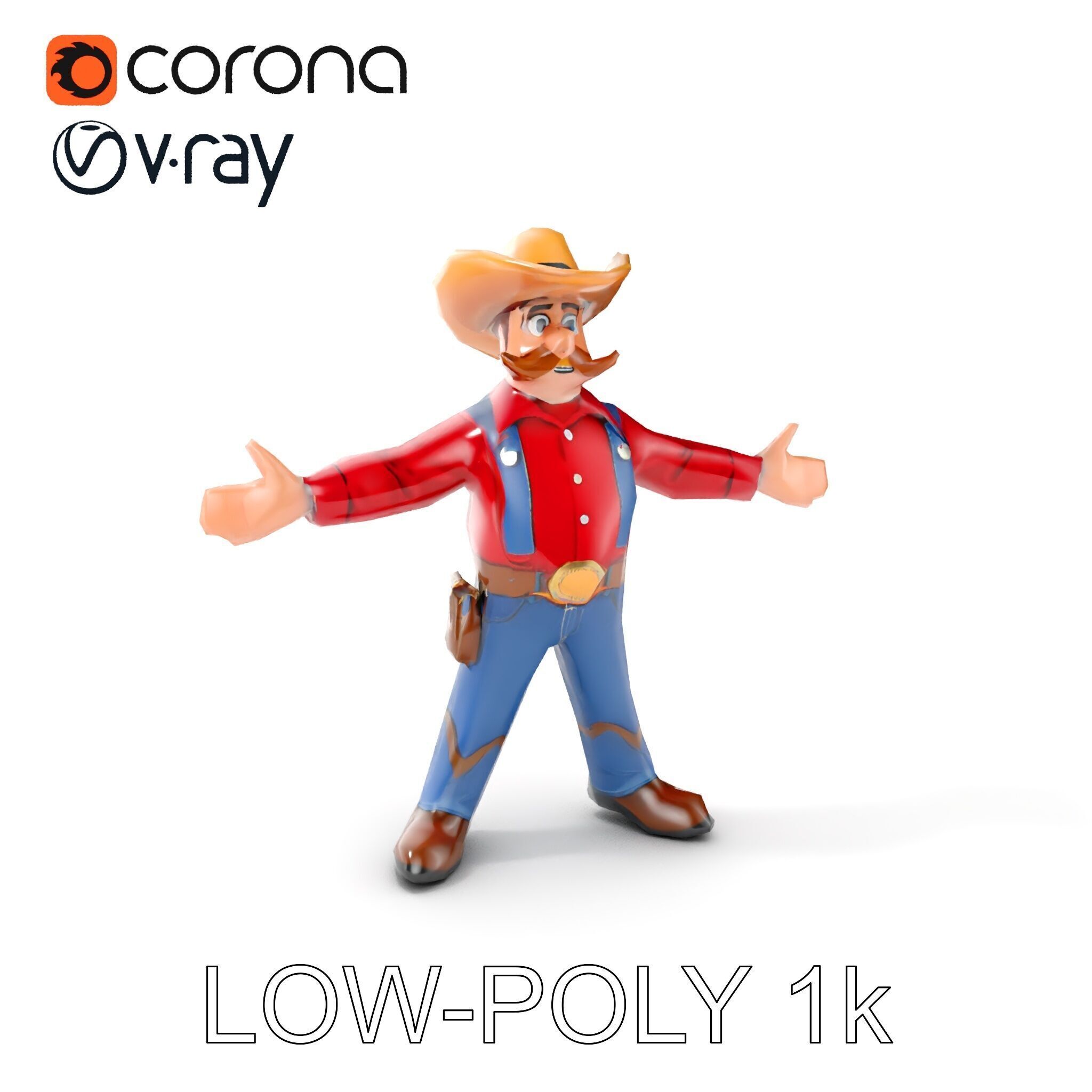 Charming Cartoon Cowboy with Hat and Mustache Low-poly 3D model_22